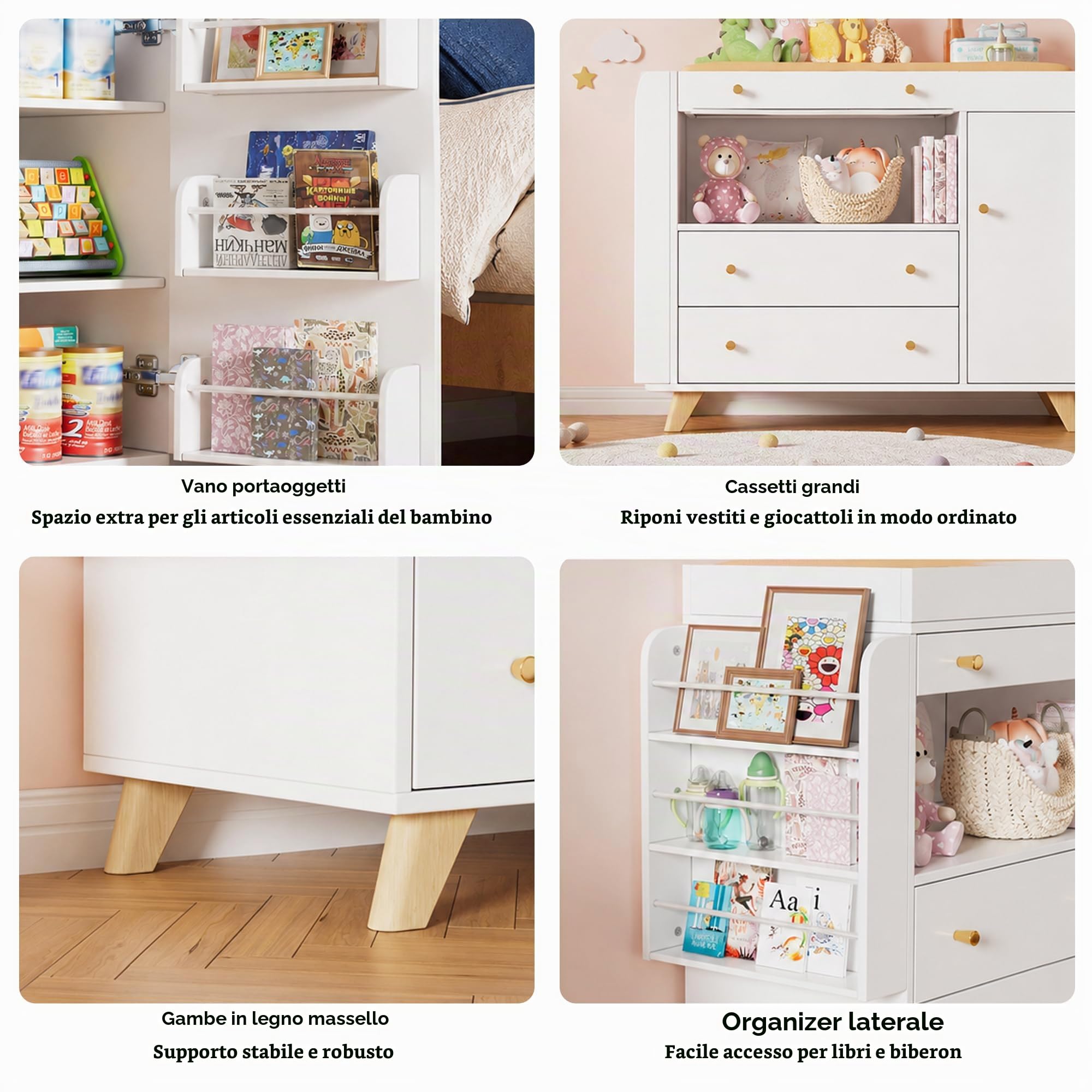 Fasciatoio con Divisorio Rimovibile, Cassettiera per Bambini con 3 Cassetti, Fasciatoios Cassetton, Mobile Fasciatoio per Bambini,110 x 100 x 40 cm, fino a 100KG, Non include il cuscino,Grande Capacit