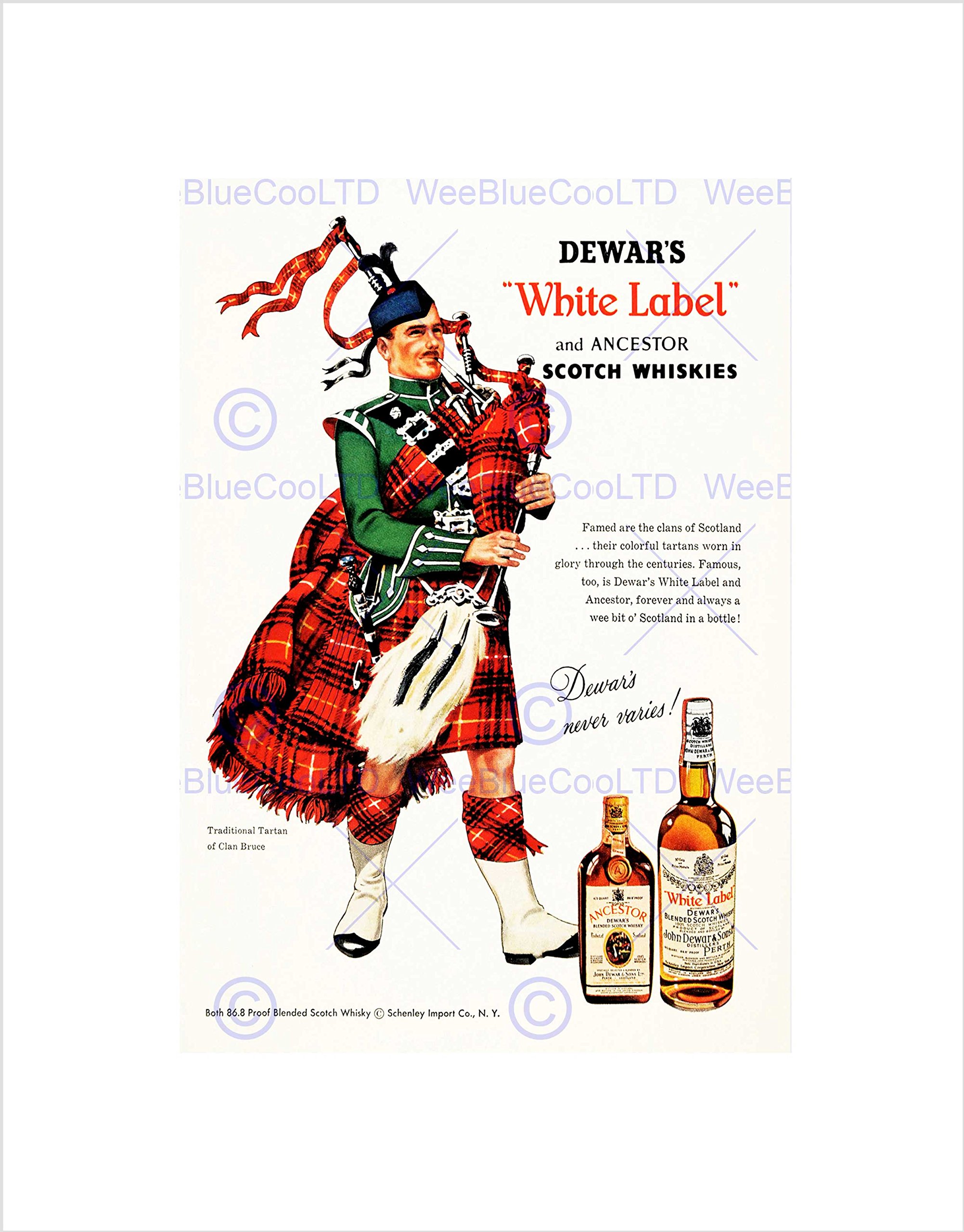 Wee Blue Coo Vintage Ad Whisky Alcohol Dewar's White Scotch Tartan Wall Art Print