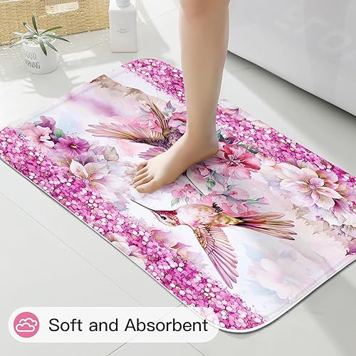 Miniatura 5 de Juego de 4 cortinas de ducha con flores de colibrí rosa con alfombras para decoración de baño, juegos de baño florales rústicos con cortina de ducha