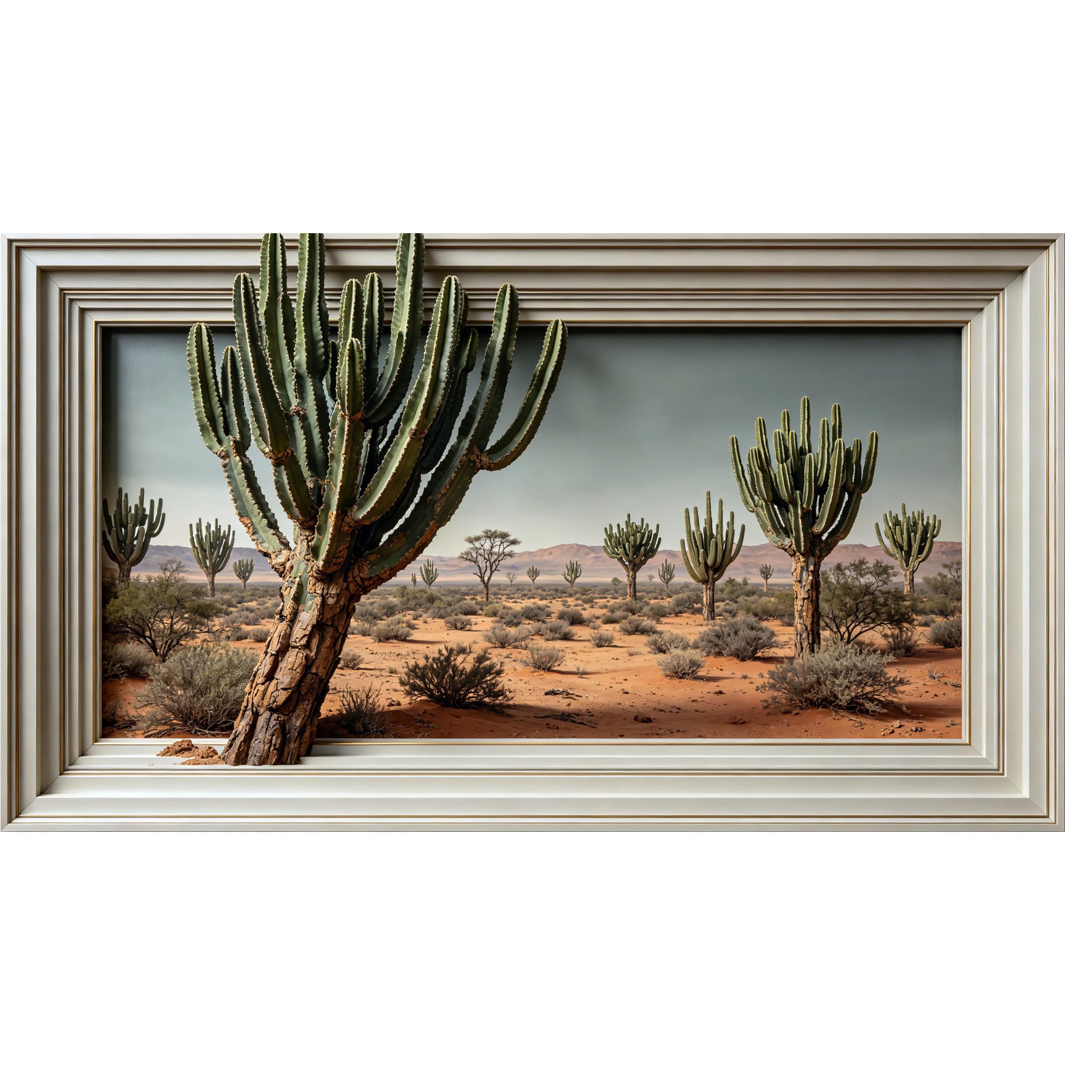 QZLITHOTIC 50×90cm3D Framed Wall Art， Desert Cactus Landscape Botanical 3D Trompe l'oeil Mural， Water?Activated Peel & Stick Fabric Decor Wall Decal for Bedroom Living Room