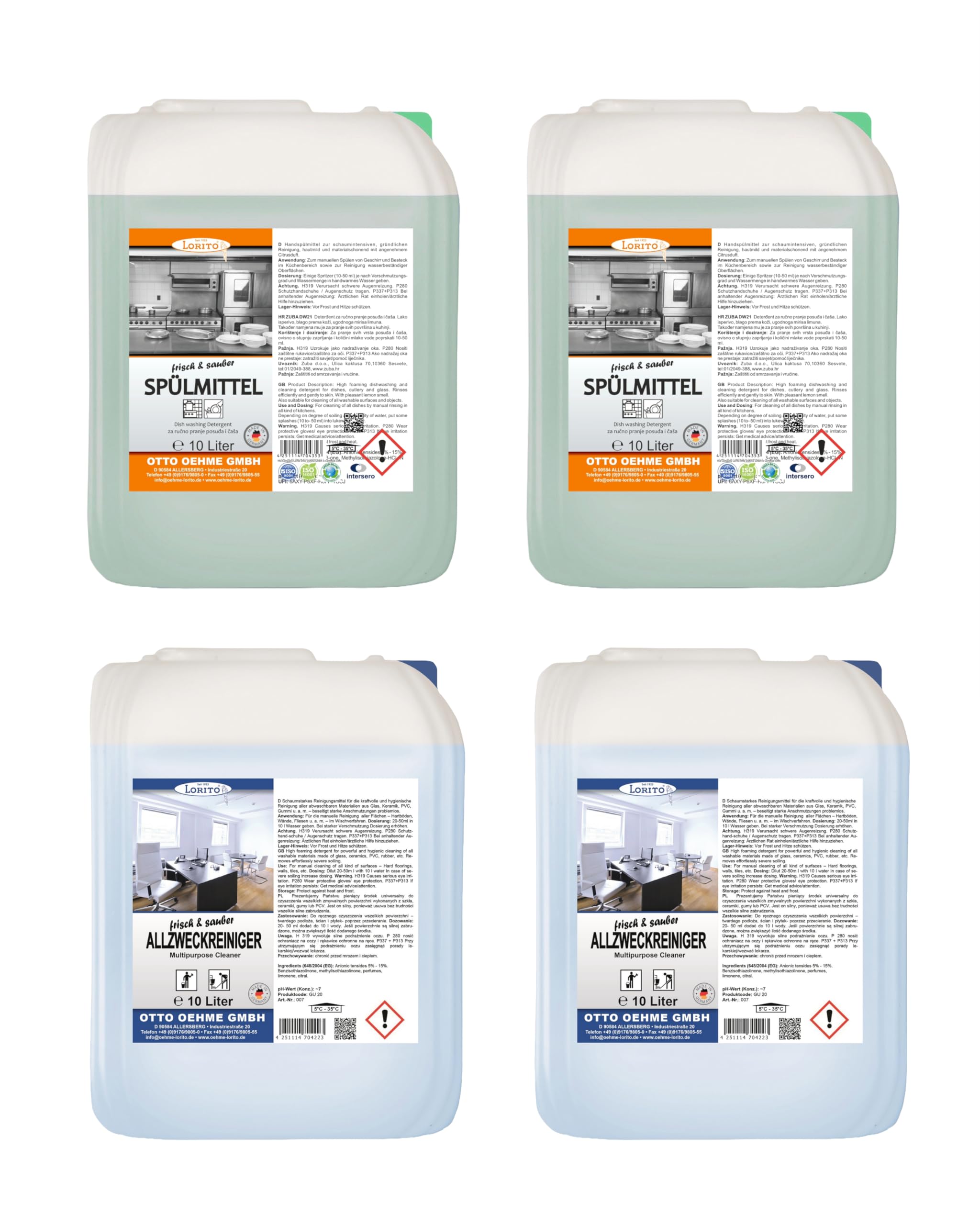 Lorito Set frisch & sauber Spülmittel 2 x 10L & Allzweckreiniger 2 x 10L | Profi-Reinigungsmittel gegen hartnäckige Verunreinigungen, glanzvolles Ergebnis, zwei Haushaltsreiniger in einem Set