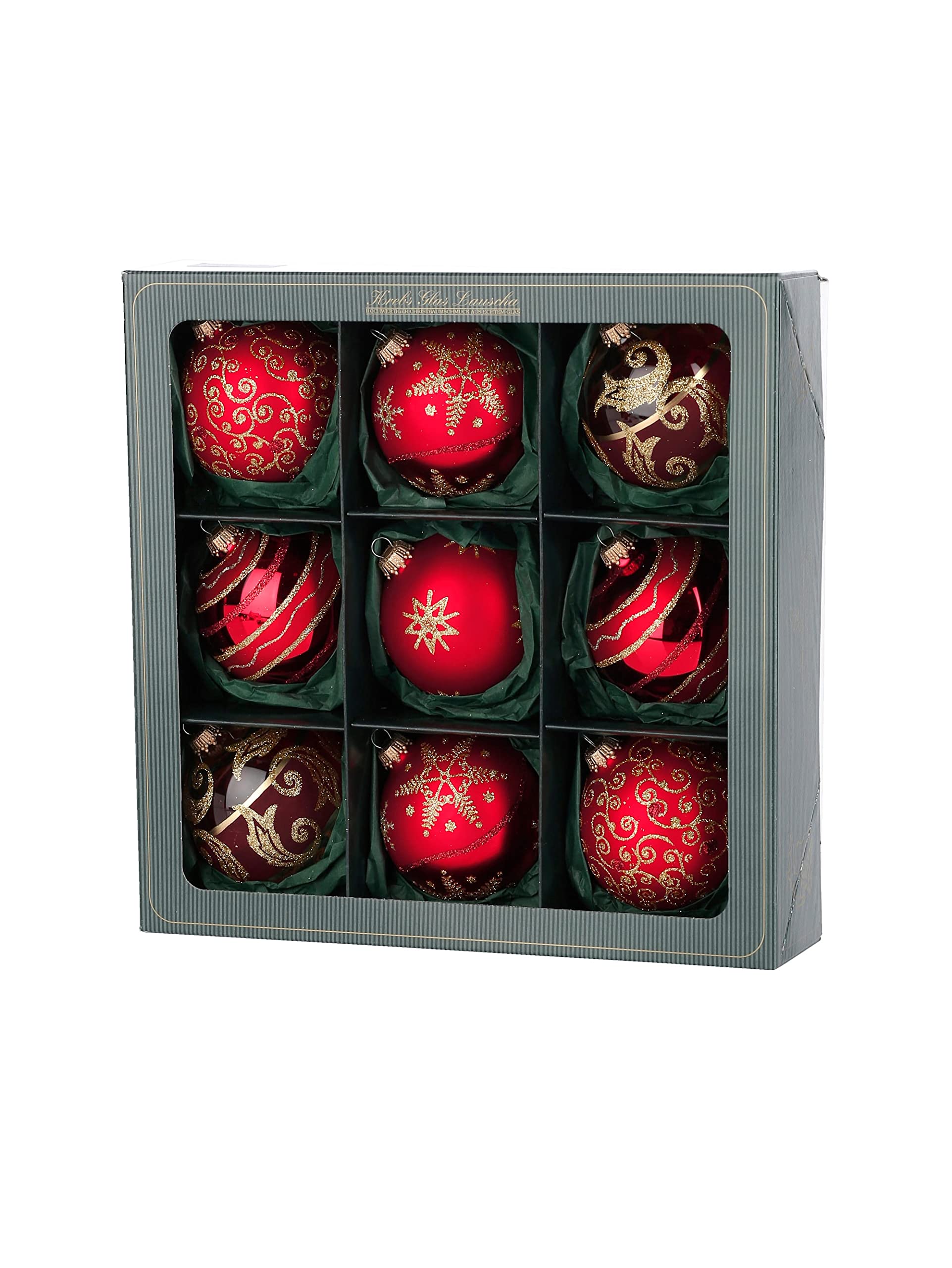 Weihnachtsdeko Glaskugelsortiment, Rot/Satin-Rot mit gold, 8cm, mundgeblasen, Christbaumkugeln Lauscha