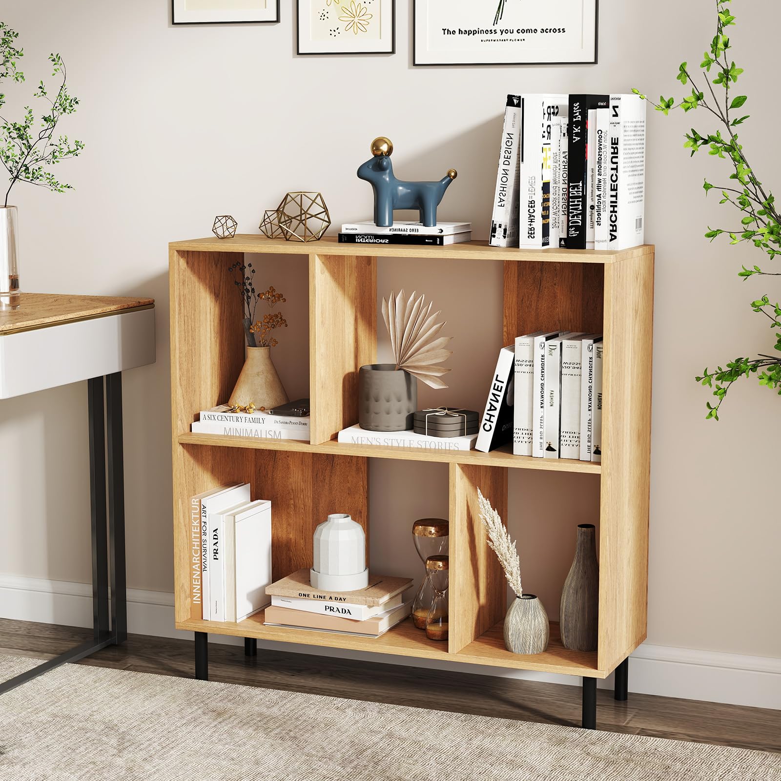 COSTWAY Libreria Estanteria, Estanteria Libros de Madera de 4 Cubos, Estantería de Piso de 2 Niveles con Patas Metálicas, Estante Horizontal de Almacenaje，90 x 30 x 90 cm (Natural)