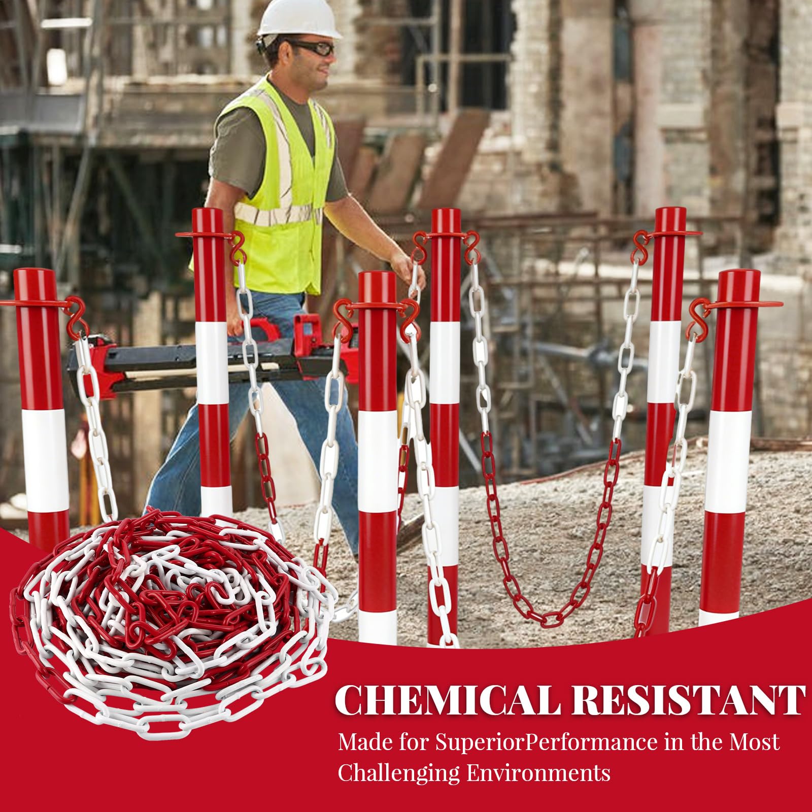DAJAVE Catena di sicurezza in acciaio da 6 m, 5 mm, colore rosso e bianco, in acciaio zincato, catena in metallo per bloccare superfici, catena di blocco parcheggio