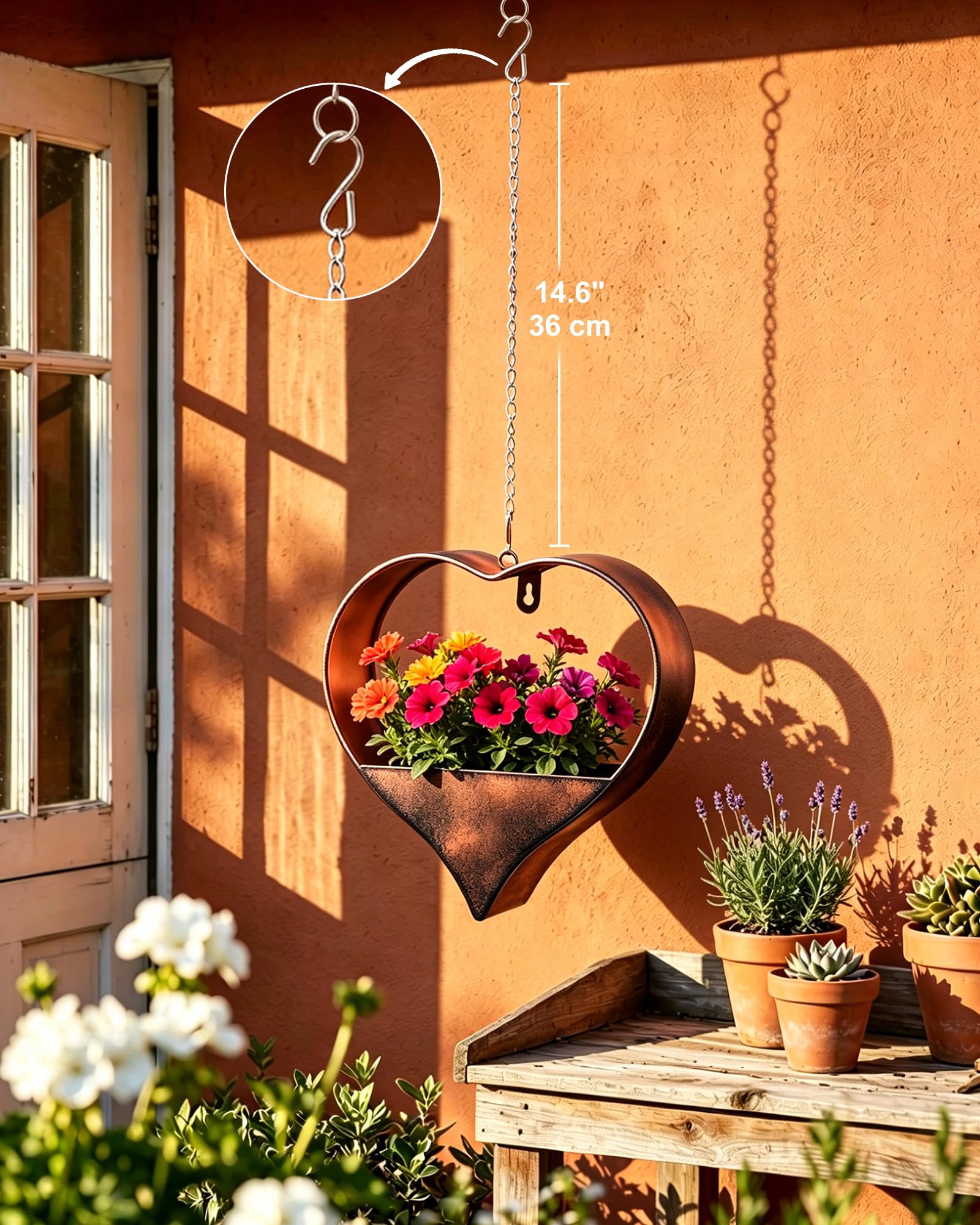 Pot de Fleurs Métal Cœur Cuivre Vieilli à Suspendre Décoration Jardin