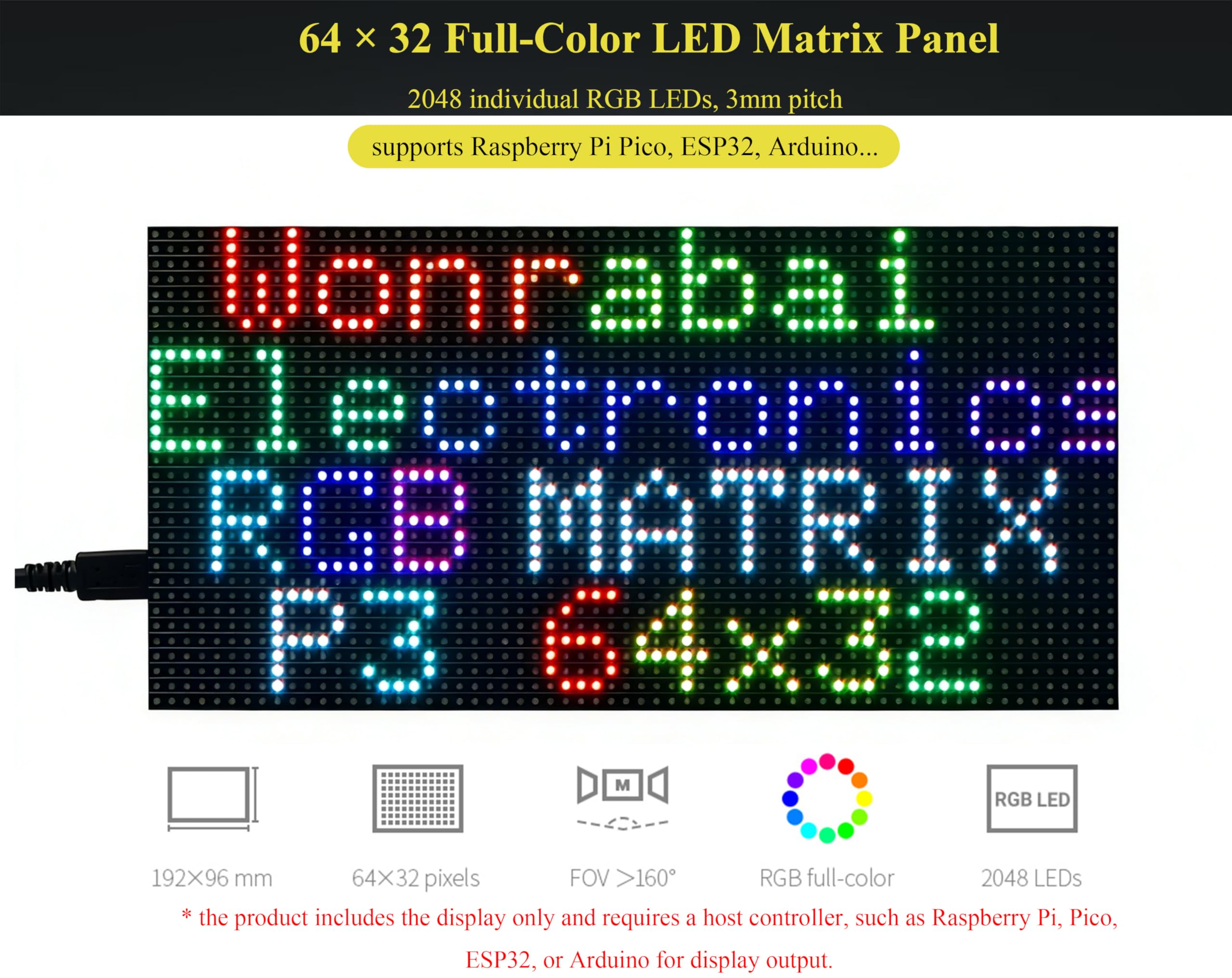 64 x 32 2048 RGB kolorowy panel matrycowy LED, skok 3 mm, wyświetlany tekst/kolorowy obraz/animacja regulowana jasność, łańcuchowy, kompatybilny z Raspberry Pi / Pi Pico / ESP32, wersja GOB