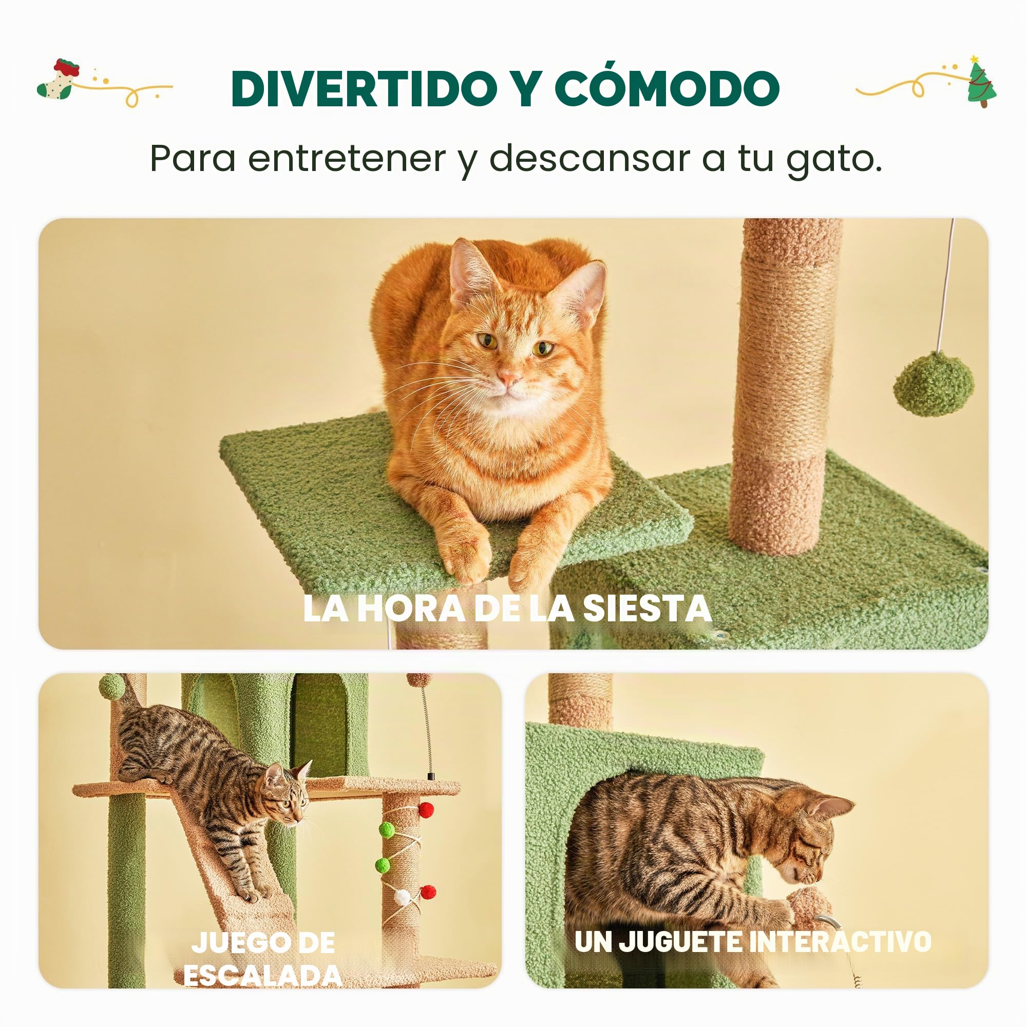 Árbol para Gatos Green, Torre de Varios Niveles de 163 cm para Gatos de Interior con Postes rascadores Recubiertos de sisal, Plataforma Acolchada, Hamaca acogedora y Juguetes Colgantes.