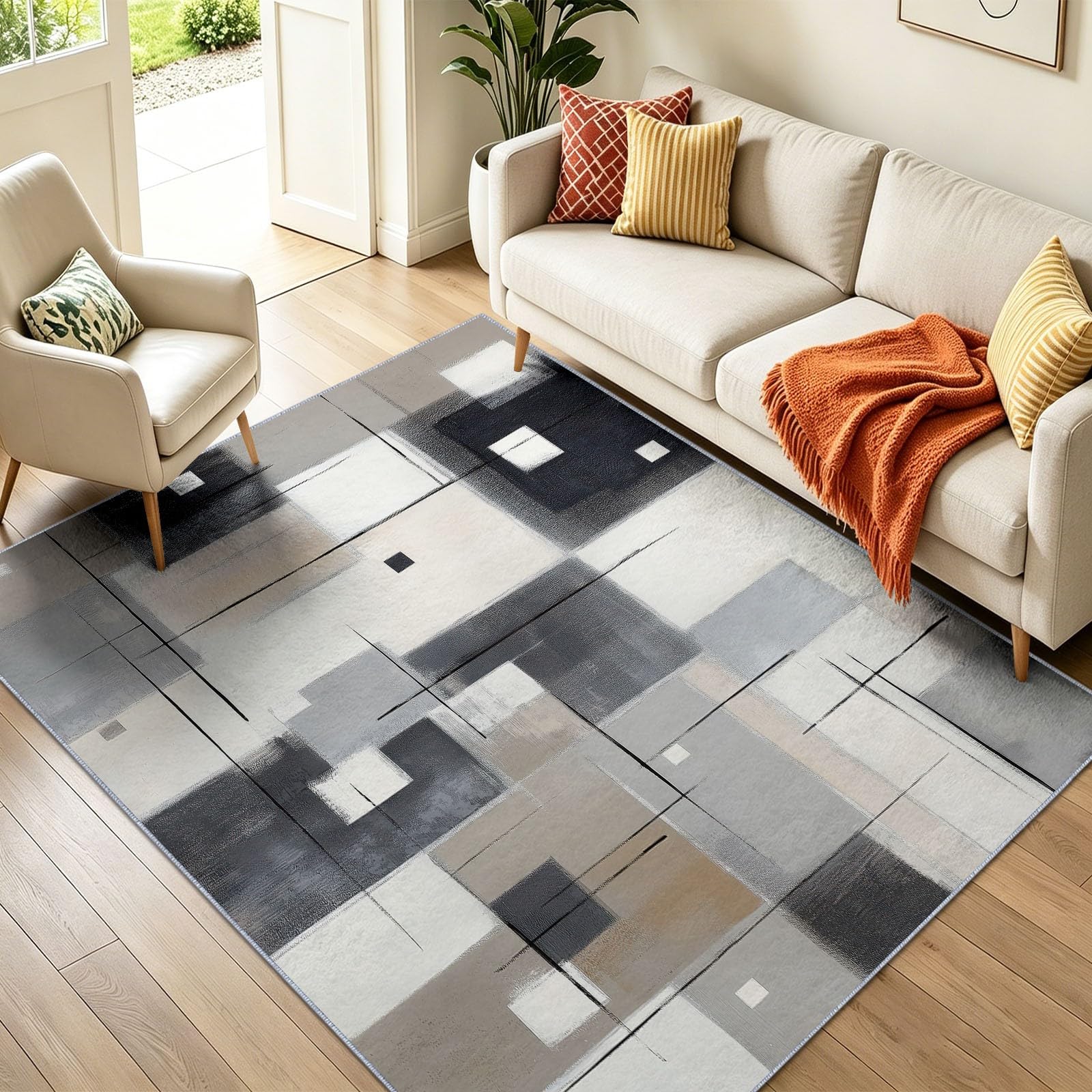 Vintage Geometric Area Rugs for Living Room 80x150 cm, Abstract Check Pattern Lines Prints Anti-Slip Washable Rug, Light Grey Low Pile Floor Covering Carpets for Dining Room Bedroom Hallway Office