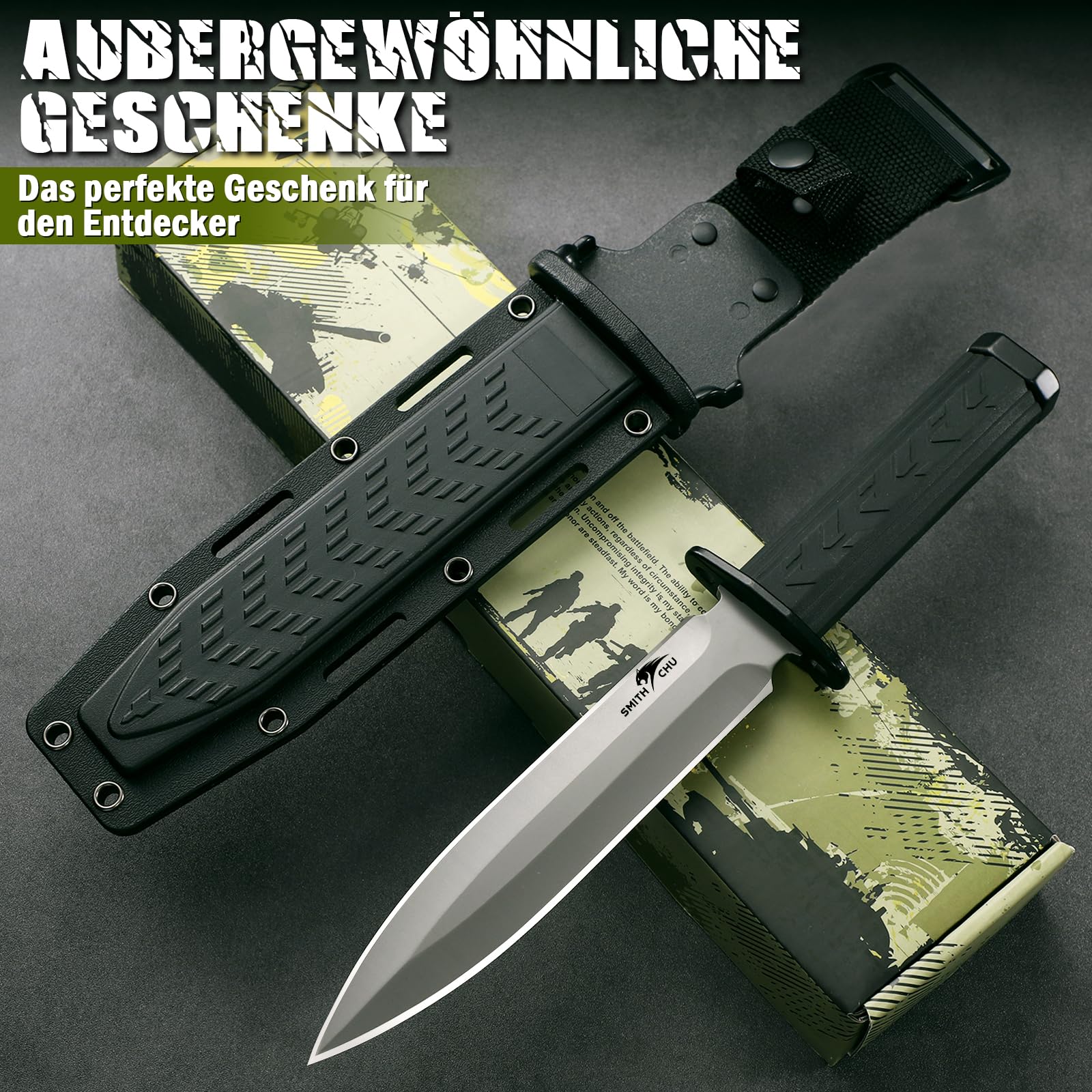 SMITH CHU Outdoor Messer Feststehend, Survival Messer für Trekking Camping, Kydex Scheide mit Schleifstein, Ergonomischer Griff, Schwarz Bushcraft Ausrüstung, Geschenke für Männer