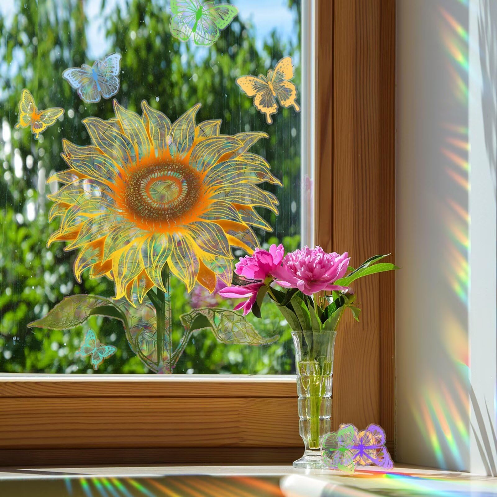 Spring Sunflower Bee Window Sticker-Anti-Collision Flower Glass Window Clings for Birds, Double-Side Suncatcher Decals for Home Office School(Reusable