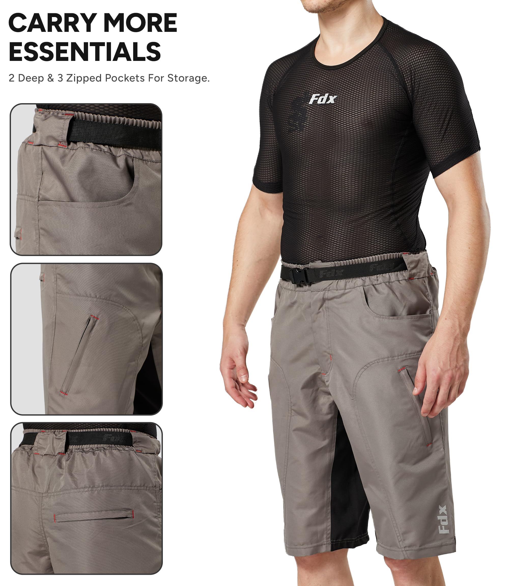 FDX Pantalones Cortos MTB Hombre, Ligeros, con Forro Acolchado extraíble, Transpirables, de Secado rápido y Bolsillos Cargo, Ideales para Entrenamiento Deportivo