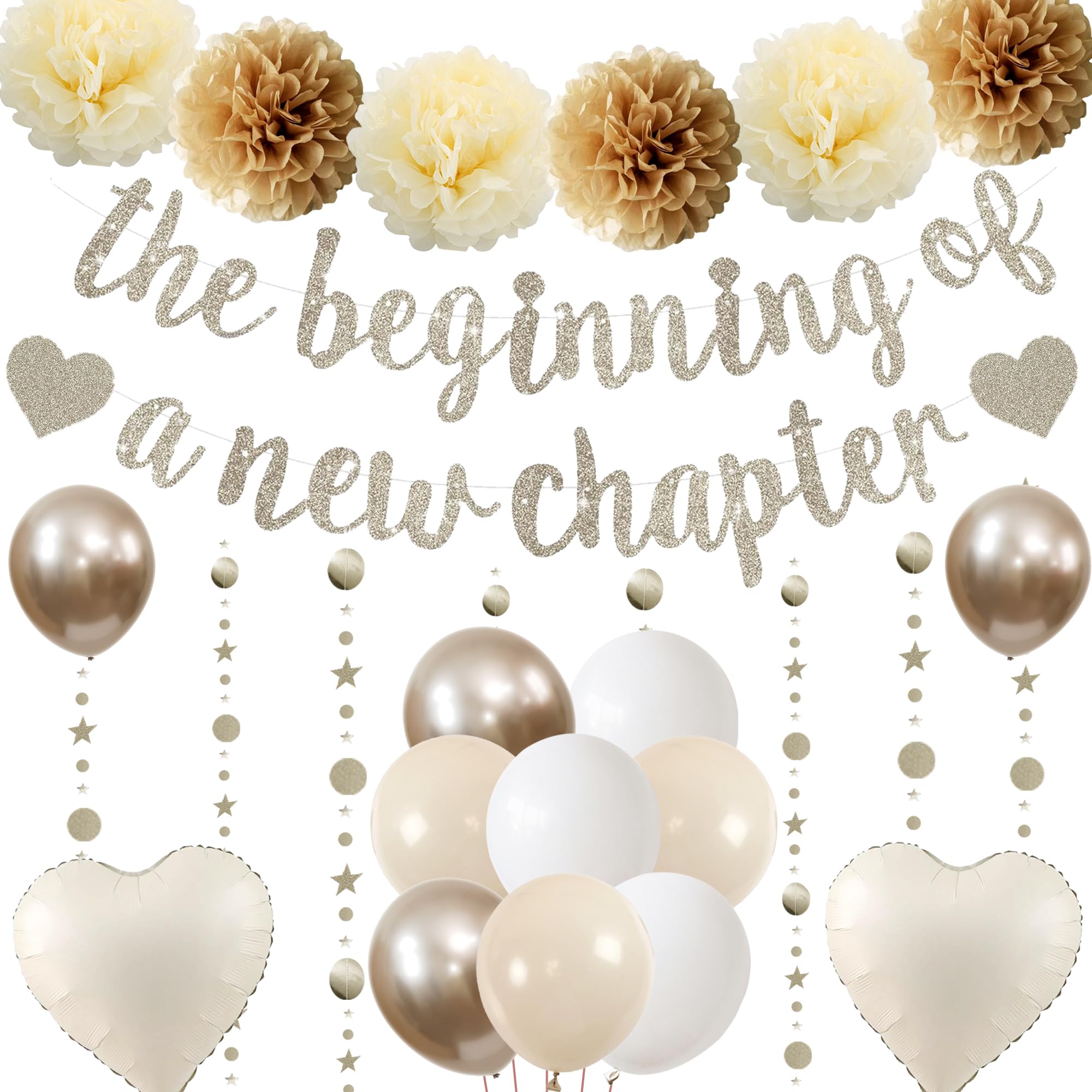 Congratulations The Beginning of a New Chapter Banner, Graduation Decorations Glitter Banners Champagne Garland Paper Pompoms, Farewell Party Supplies for Retir