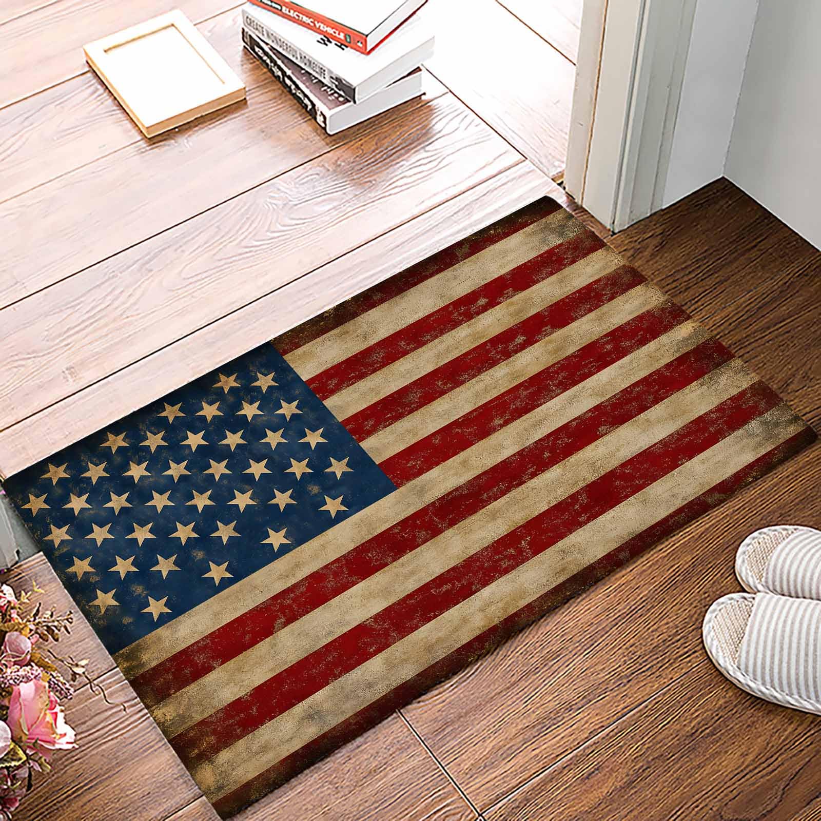 American Flag Front Door Mat Indoor Entrance, Vintage US Flag Non Slip Doormat Absorbent Resist Dirt Patriotic Retro Floor Mats Washable Low Profile