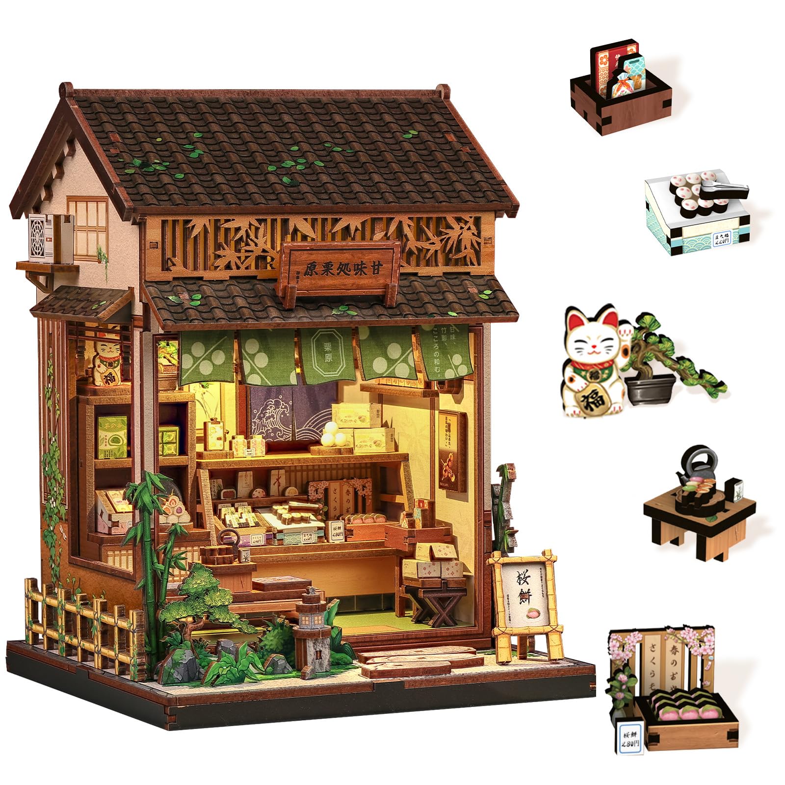 Book Nook Kit - DIY Miniature Japanese Wagashi Shop, 3D Wooden Puzzle Dollhouse with LED Lights, Tiny Bookend & Creative Bookshelf Decor, Craft Gift for Adults, Teens & Book Lovers