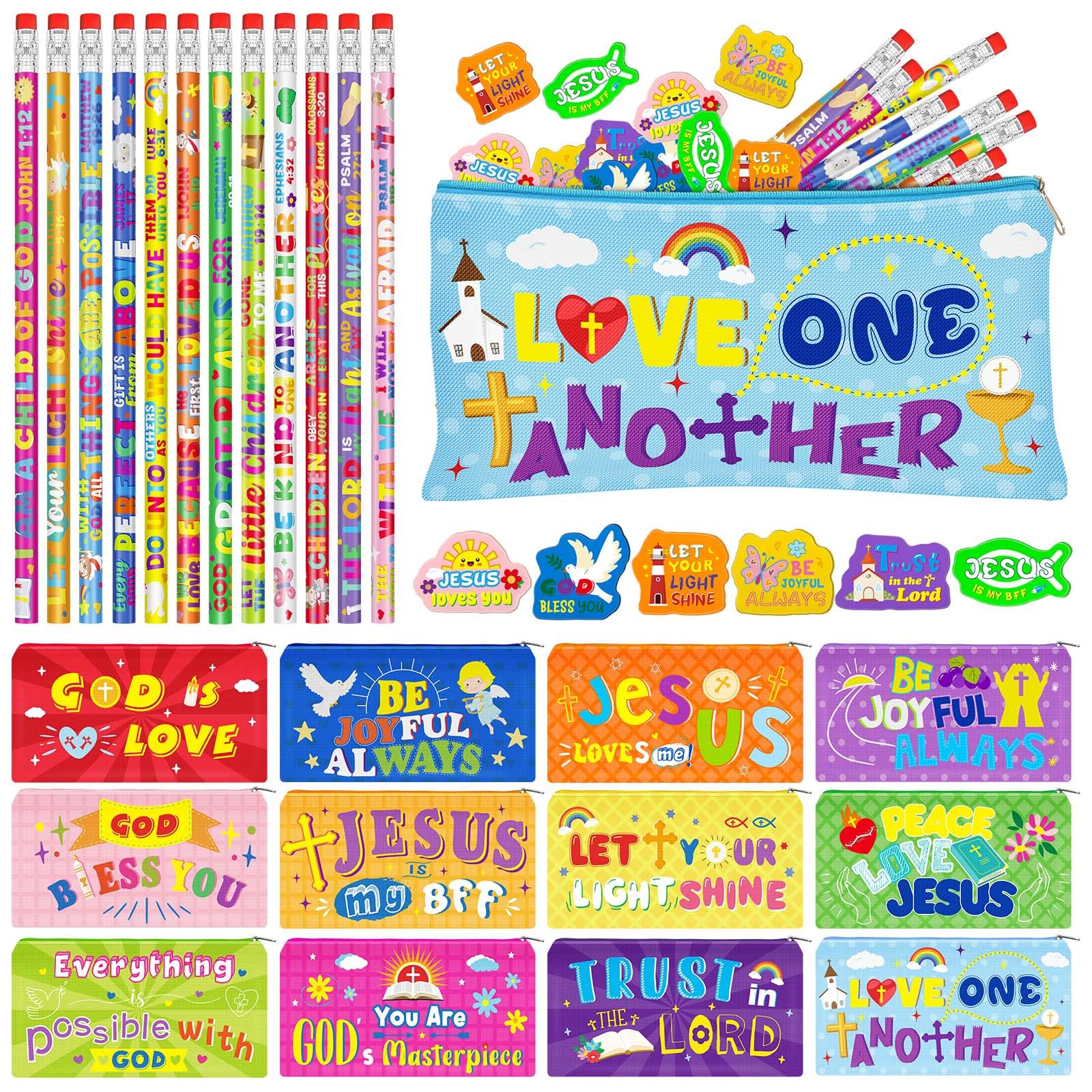Cinrobiye 48 Pcs Bible Verse Party Favors Sets Religious Motivational Gift Motivational Bible Verse Pencil Case Pouch Pencils Erasers for Religious Gifts Sunday School Prizes Supplies
