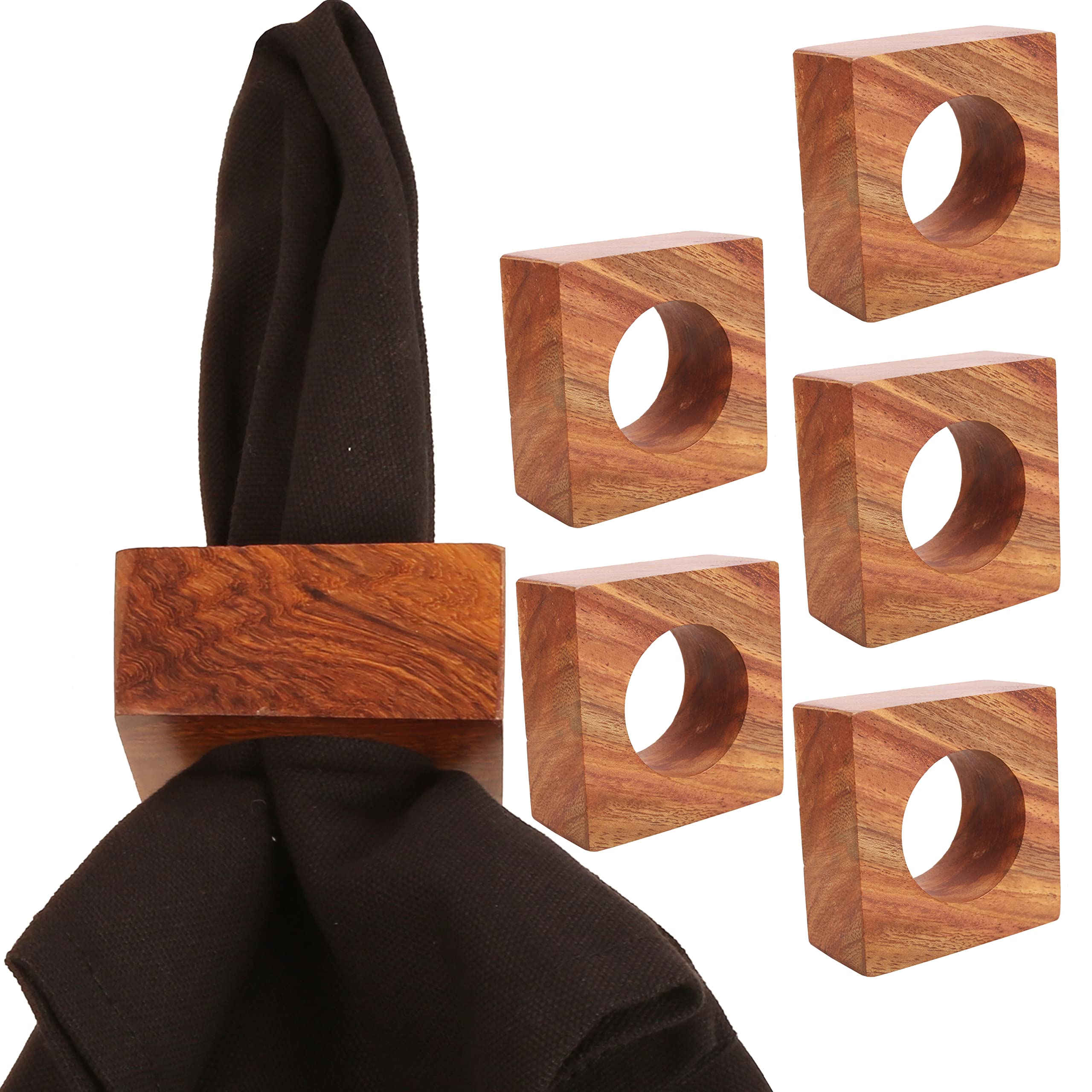 Servilleteros de Madera Natural finamente Hechos a Mano con Forma Cuadrada de Gran tamaño para Mesa de Comedor en Tono Natural (Juego de 6).