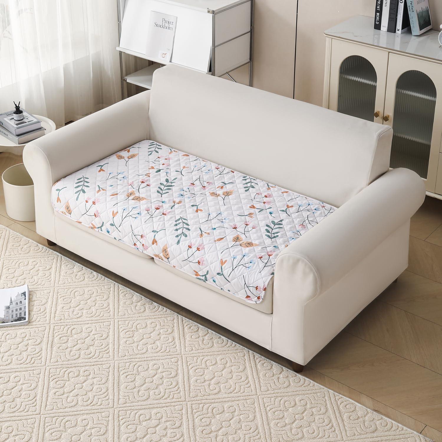 House of Quirk 'Gulnaar Series' Printed Quilted Sofa Cover for 1/2/3/4 Seater – Anti-Slip, Washable Couch Protector Slipcover (Two Seater, Blush Meadow, 80x120 cm)-image-7