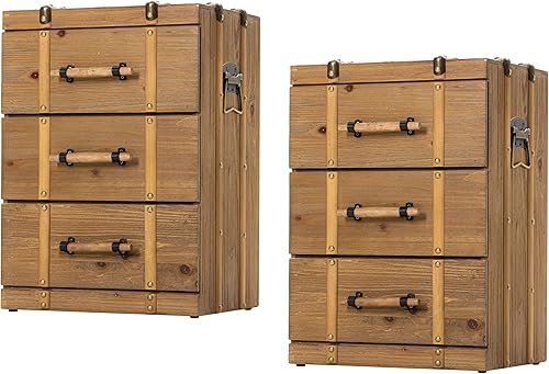 Juego de 2 mesitas de noche vintage de mediados de siglo con 3 cajones, mesa auxiliar de madera maciza envejecida para sala de estar, dormitorio,