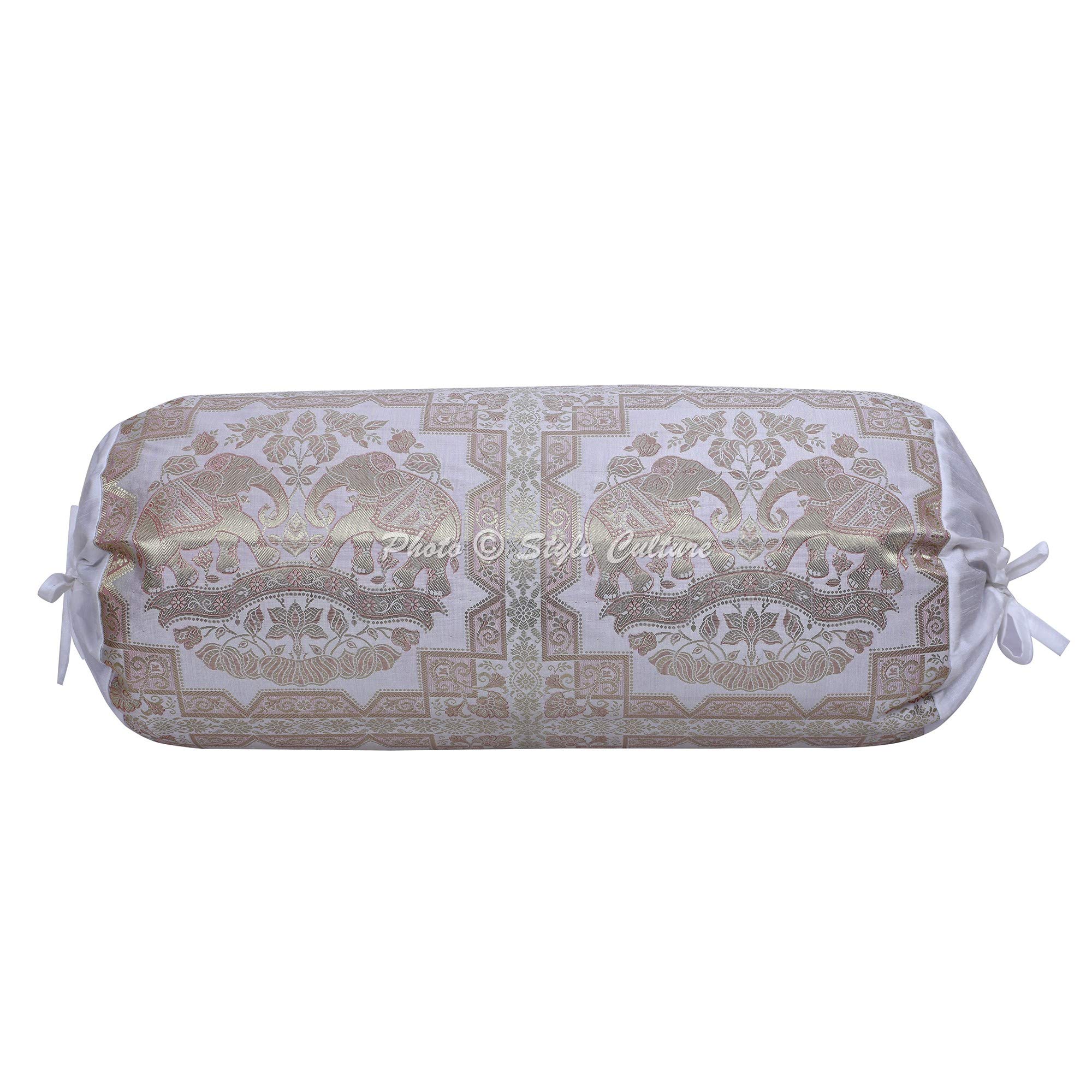 Fodere Per Cuscini Cilindrici In Broccato Di Seta | 2 Pezzi 76x38 Cm | Cuscini Decorativi Elefante Oro E Marrone | Stile Etnico Rajasthan