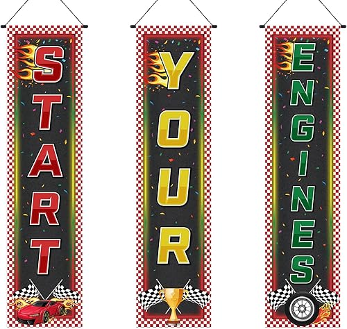 Tiamon 3 pancartas para fanáticos de las carreras, decoración de cumpleaños de coches de carreras, bandera colgante a cuadros, bandera de camión