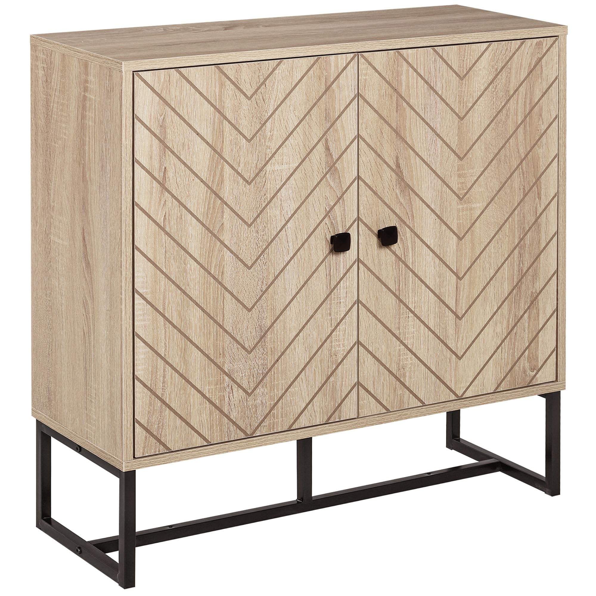 HOMCOM Aparador de 2 Puertas Diseño Chevron 80x29,5x80 cm Roble | Aparador de Salón, Estantes Ajustables, Patas de Metal, Armario para Cocina, Entrada, Dormitorio