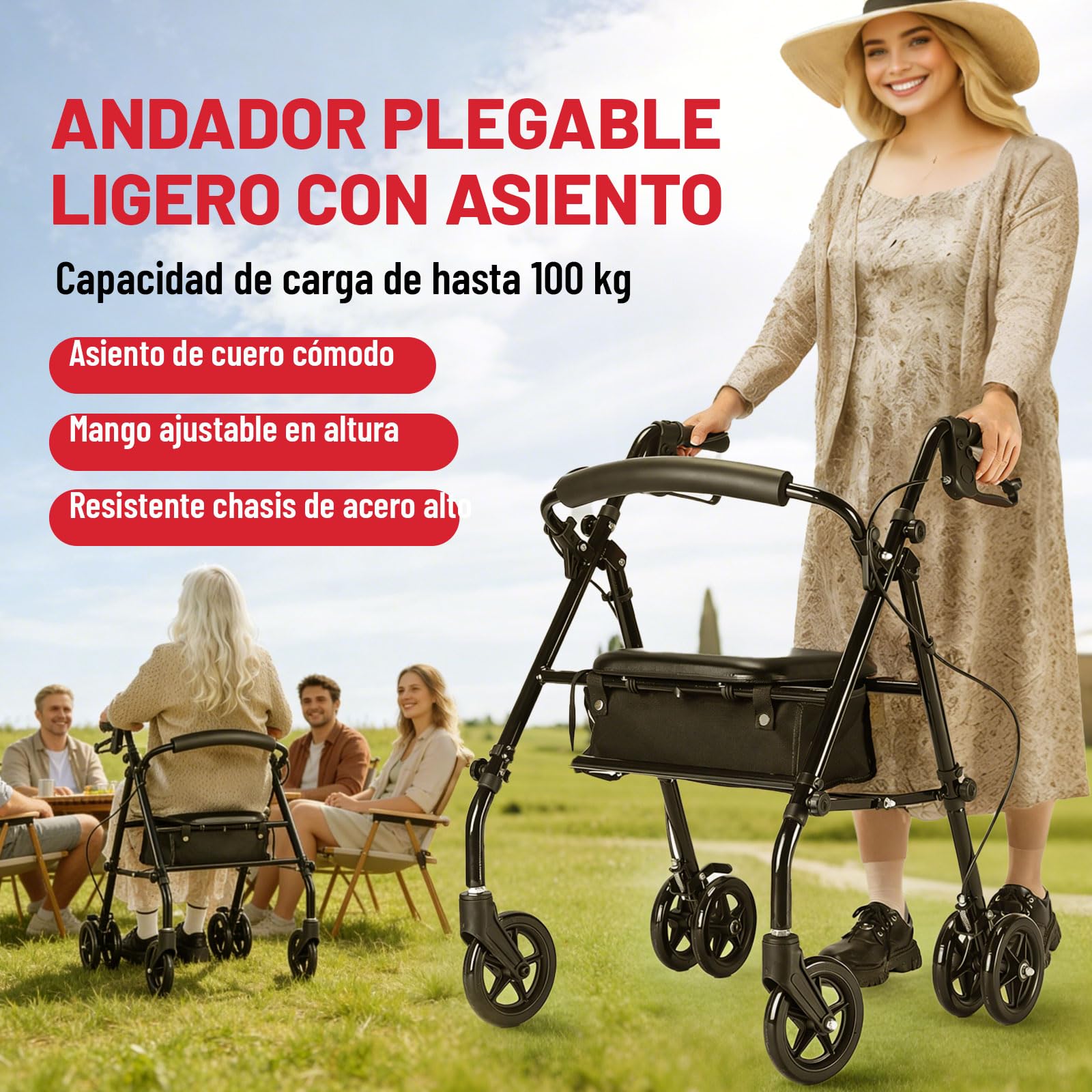 R5 andador ultraligero plegable(con asiento) para ancianos, estructura resistente de acero al carbono, ajuste de altura, sistema de freno/estacionamiento, apto para interiores y exteriores terrenos