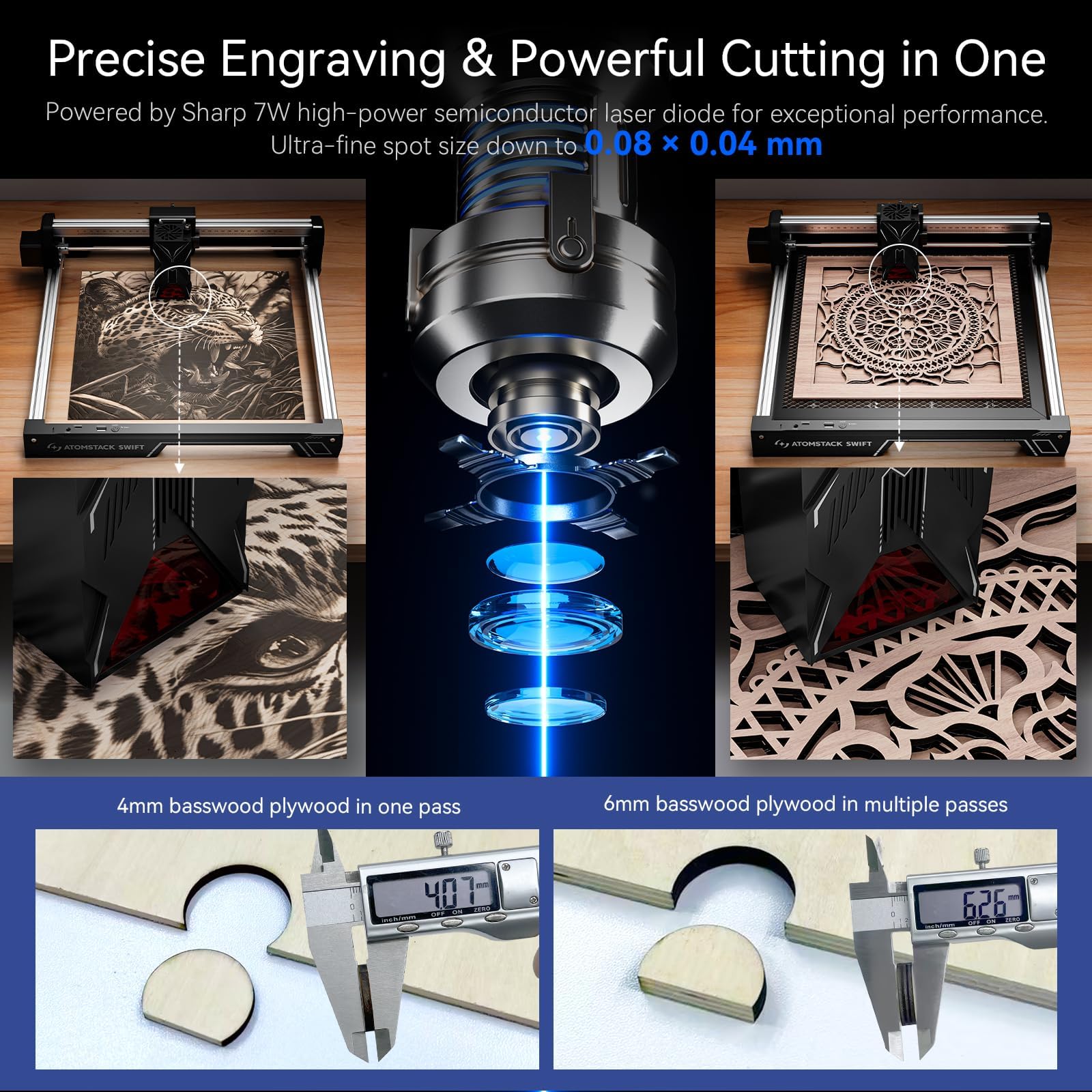 ATOMSTACK Mini machine de gravure laser Swift 7W et cutter, haute précision 0,06 mm, avec rouleau rotatif R8, idéal pour graver du bois, du métal, de l'acrylique foncé, du verre, du cuir, des