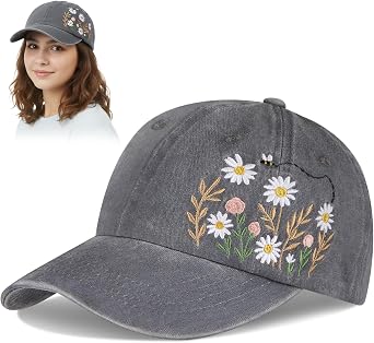 Cutecrop Embroidered Baseball Cap for Women - Cute Daisy Flower Floral Hat, 100% Cotton Soft Breathable Adjustable Washed Baseball Caps Ladies Sun Hat Gift Gray