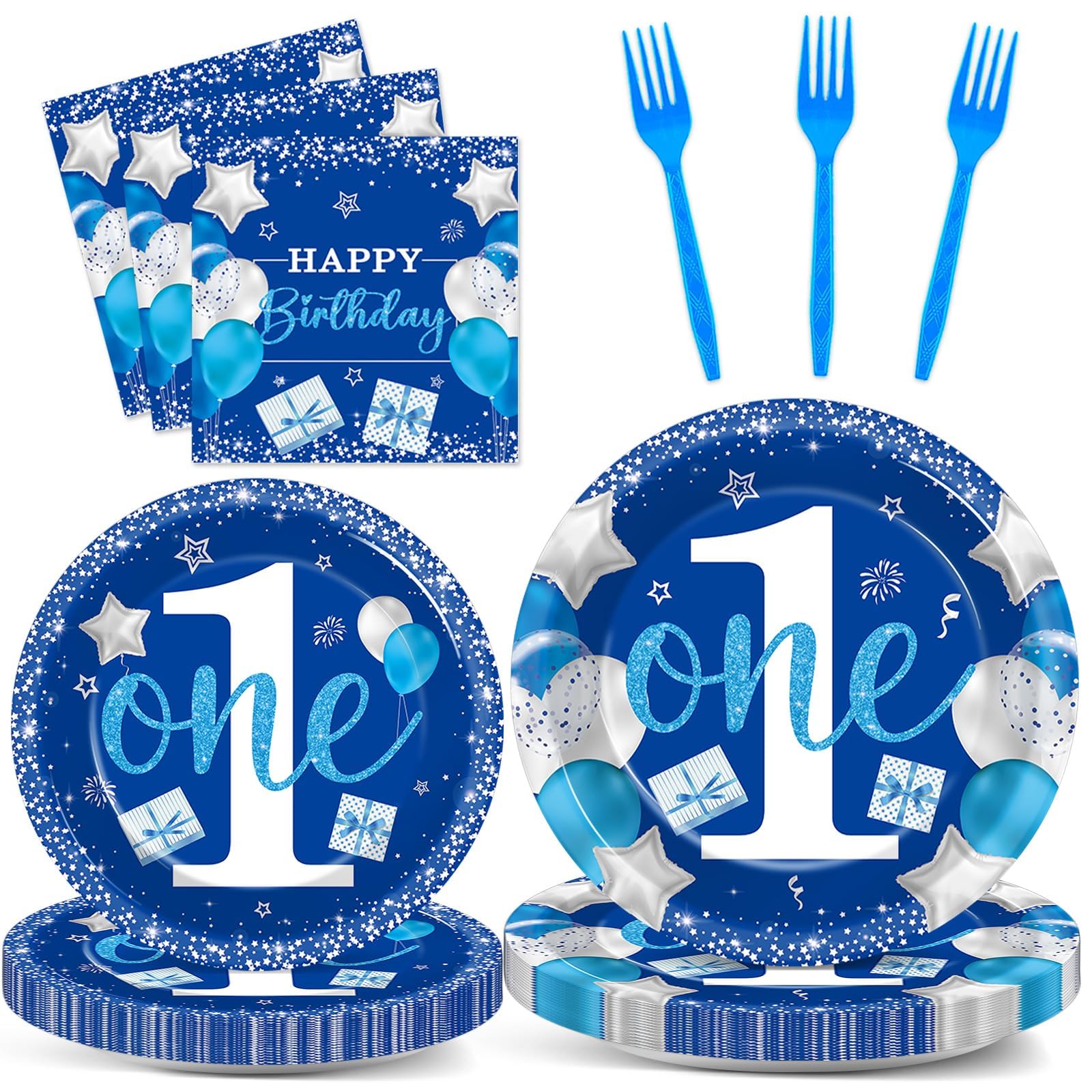 Wiooffen Boy 1st Birthday Party Tableware Set, Blue, 96 Pcs, 24 Guests, Paper Plates, Napkins, Forks