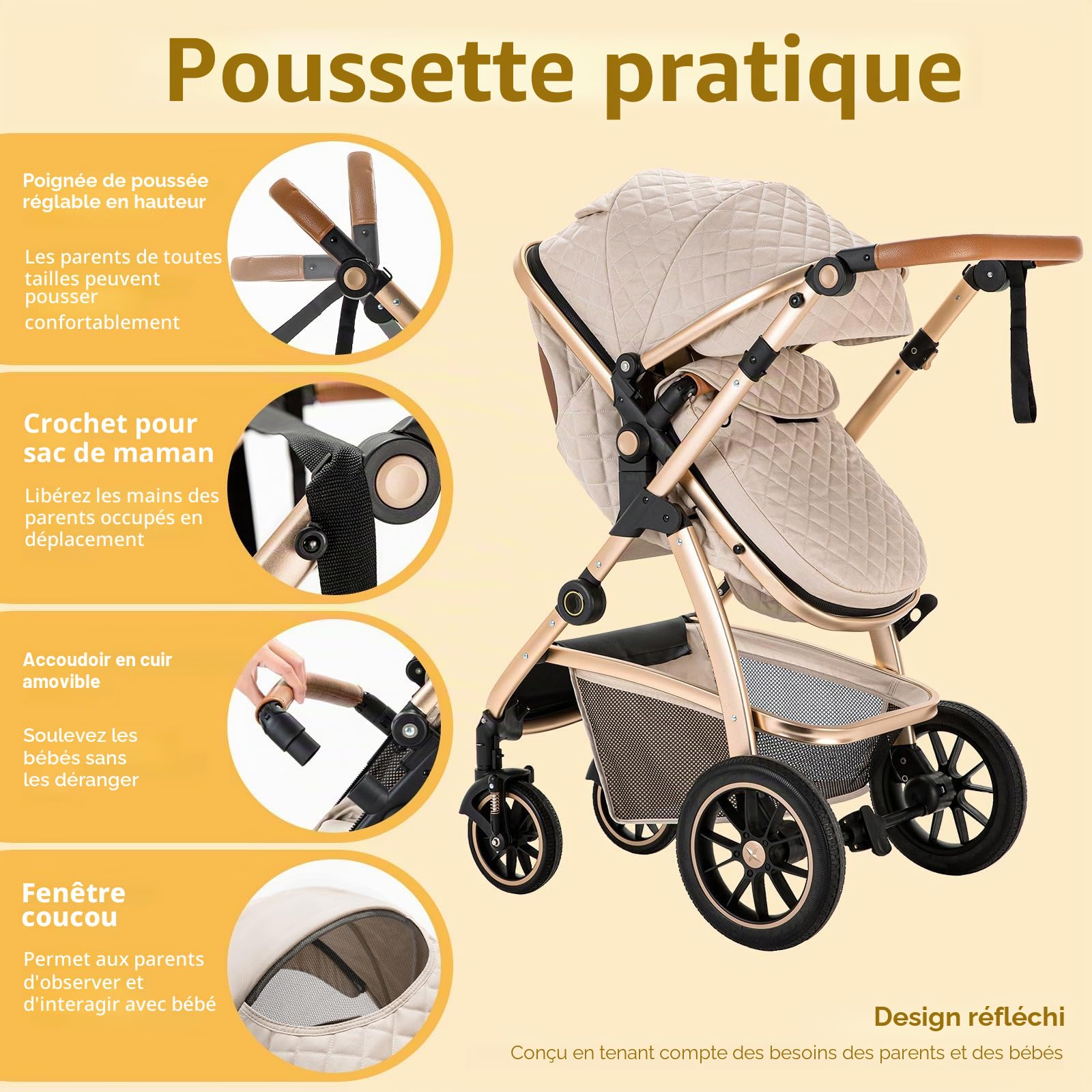 3 en 1 Poussette Combinée, Poussettes Citadines Avec ECE R129 Siège Auto, Poignée Réglable en Hauteur Poussette Bébé, Châssis en Aluminium Haute vue Poussette pour Nouveau (22KG, 0-4Ans)