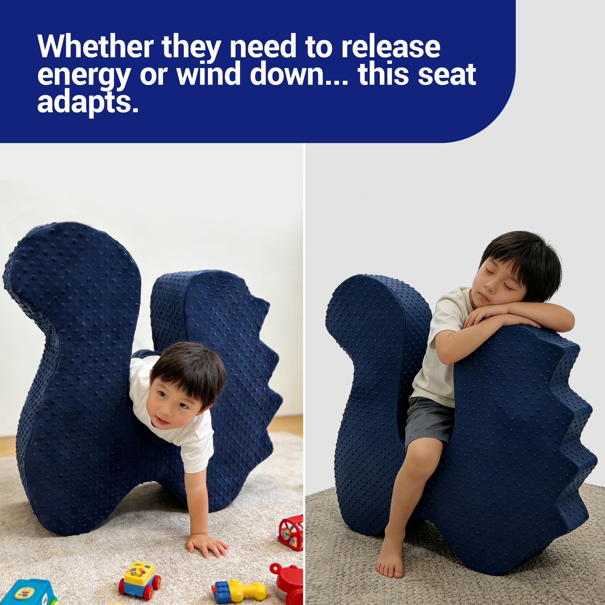 Dinosauro Sensory Soft Squeeze Seat per bambini | 28 pollici grande blu profondo pressione peapod | Sedia a dondolo in schiuma per chi cerca autismo ADHD | Calmante accogliente canoa terapia
