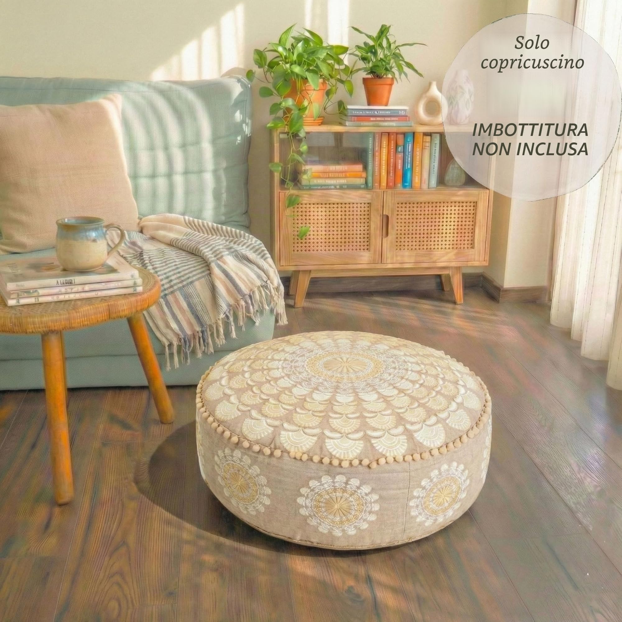 Mandala Life ART Fodera per cuscino da pavimento rotondo bohémien - 60x20 cm - 100% cotone - Custodia pouf per pouf per soggiorno, camera da letto, patio e altro (Beige, 60x20cm)