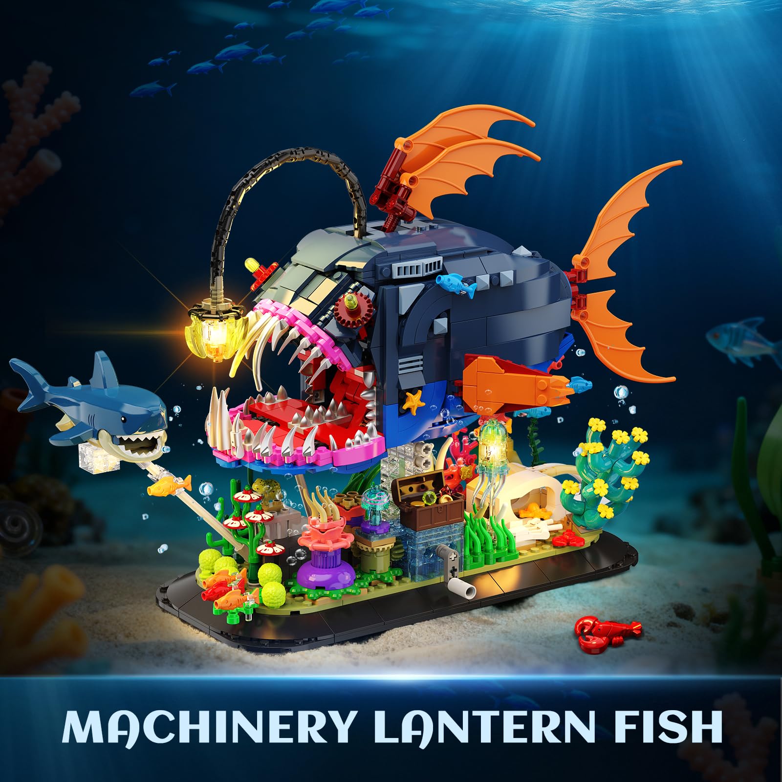 INSOON Set de Construction Poisson-Lanterne Mécanique avec Lumières, Poisson-Pêcheur Articulé avec Requin et Méduse, Kit Animal Marin 1139 Pièces, Cadeau Déco Adultes et Enfants 12+