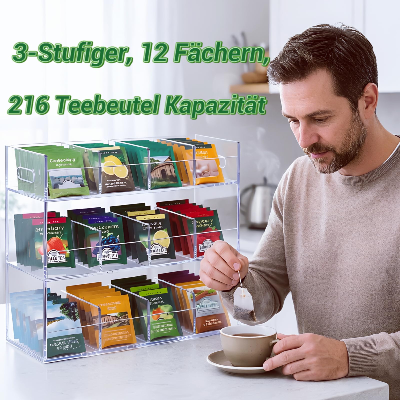 Teebeutel Aufbewahrung Organizer aus Acryl, 3-Stufiger, mit Fächern | Tee Organizer Küche für Vorratskammer, Durchsichtig Teeboxen für Teebeutel, Teebeutelhalter für Arbeitsplatten