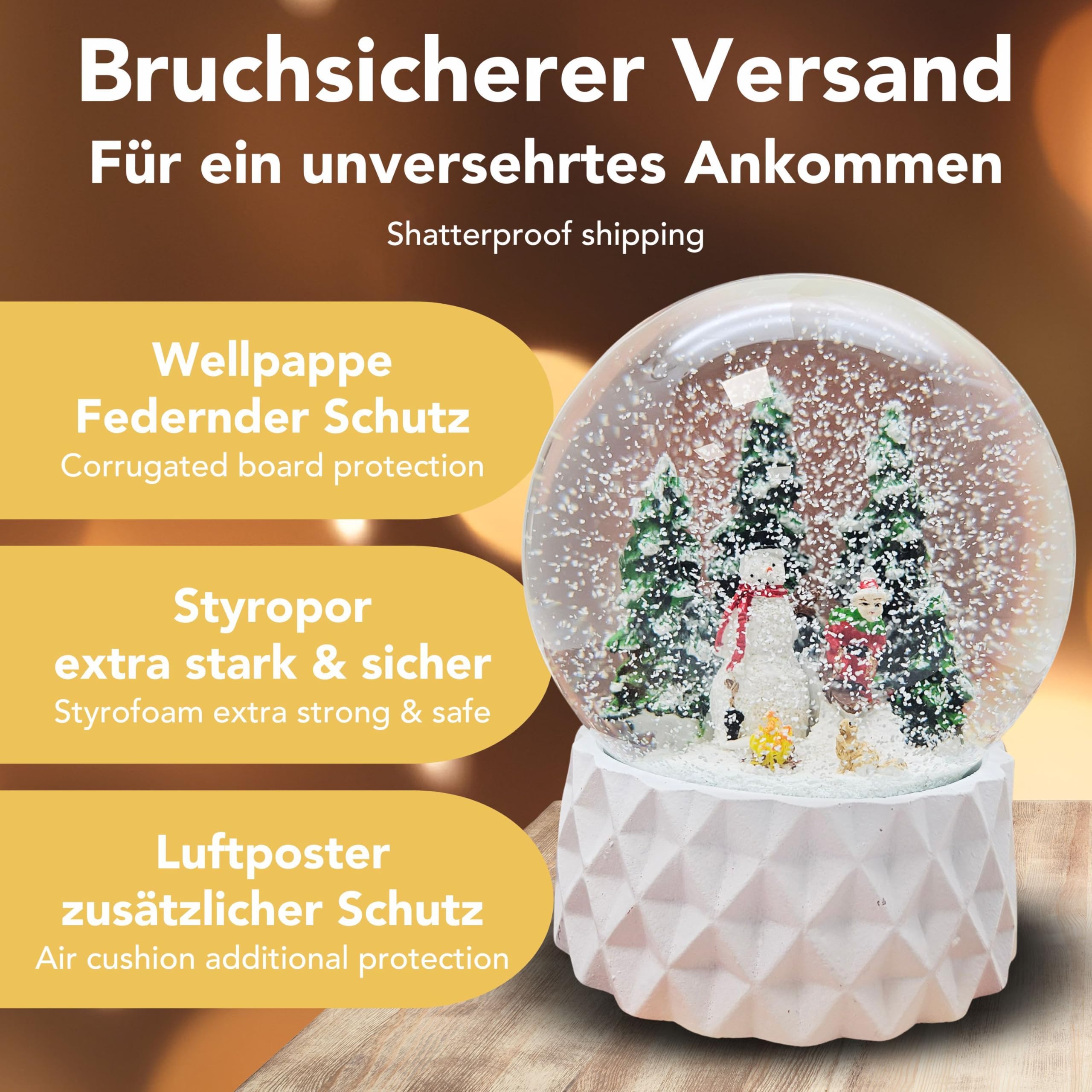 Schneekugel Winter Schneemann mit Kind auf Schlitten, Sockel weiß Kubisch, Pure-Line, Durchmesser 100mm Schüttelkugel, 20169