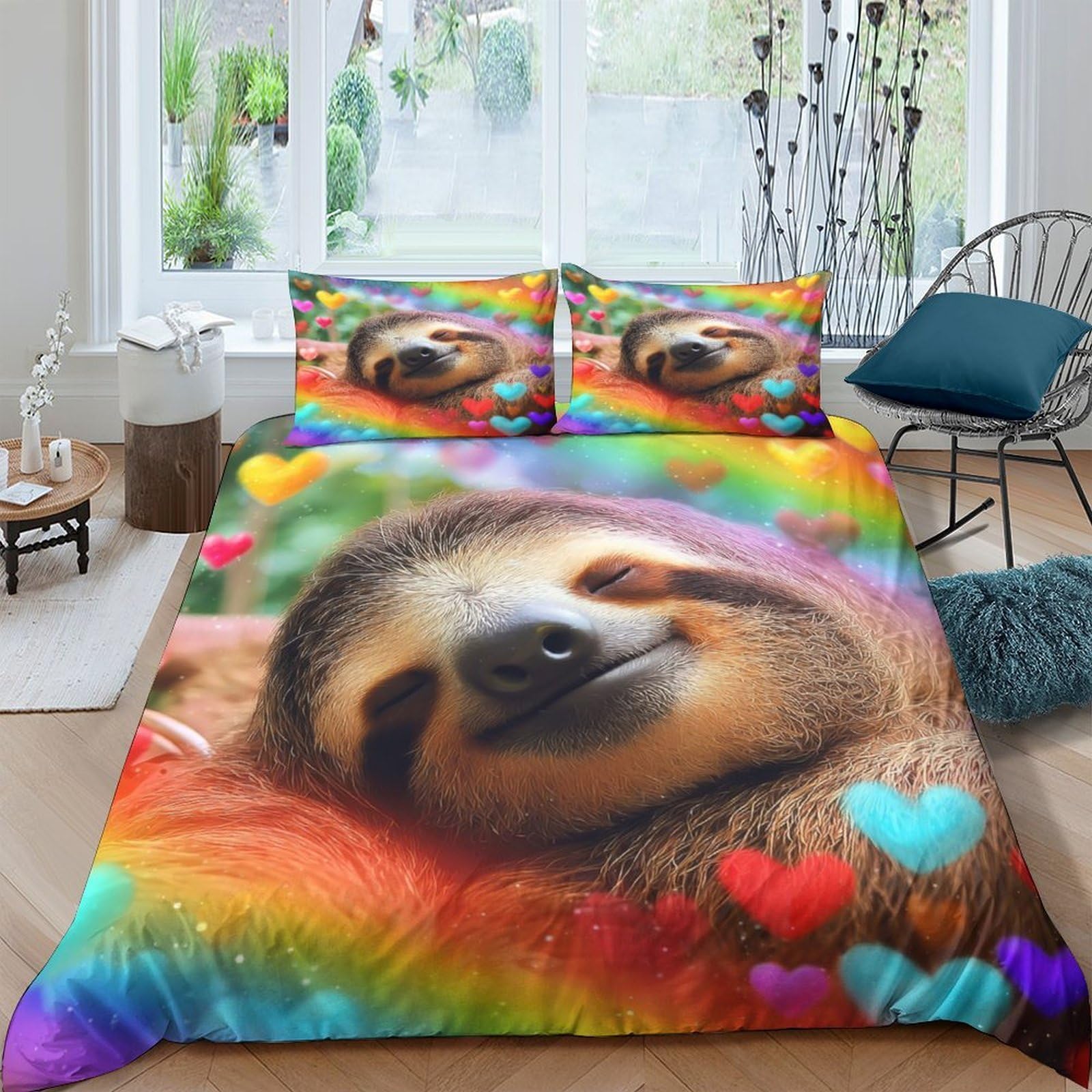 GPLZQXKJNH 3D Printed Colorful Sloth Duvet Cover Microfiber Soft Rainbow Heart Bedding Set with 2 Pillowcases for Bedroom Decor Home Single（135x200cm）