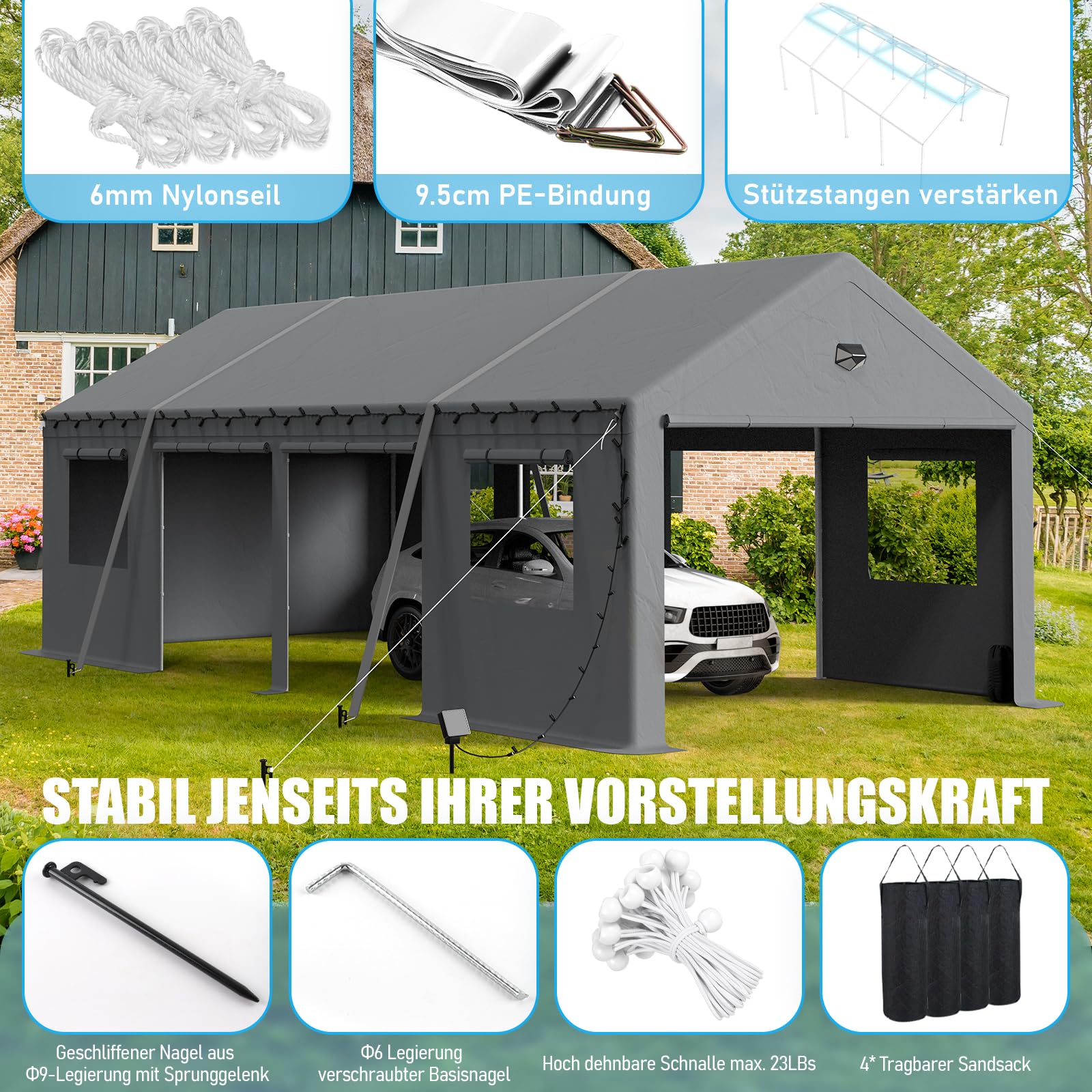 Carport Zeltgarage 3.6x6m wasserdicht mit Seitentüren Robustes Autozelt für ganzjährigen Schutz Portables Garagenzelt mit Stahlrahmen für Auto Motorrad und Outdoor Veranstaltungen