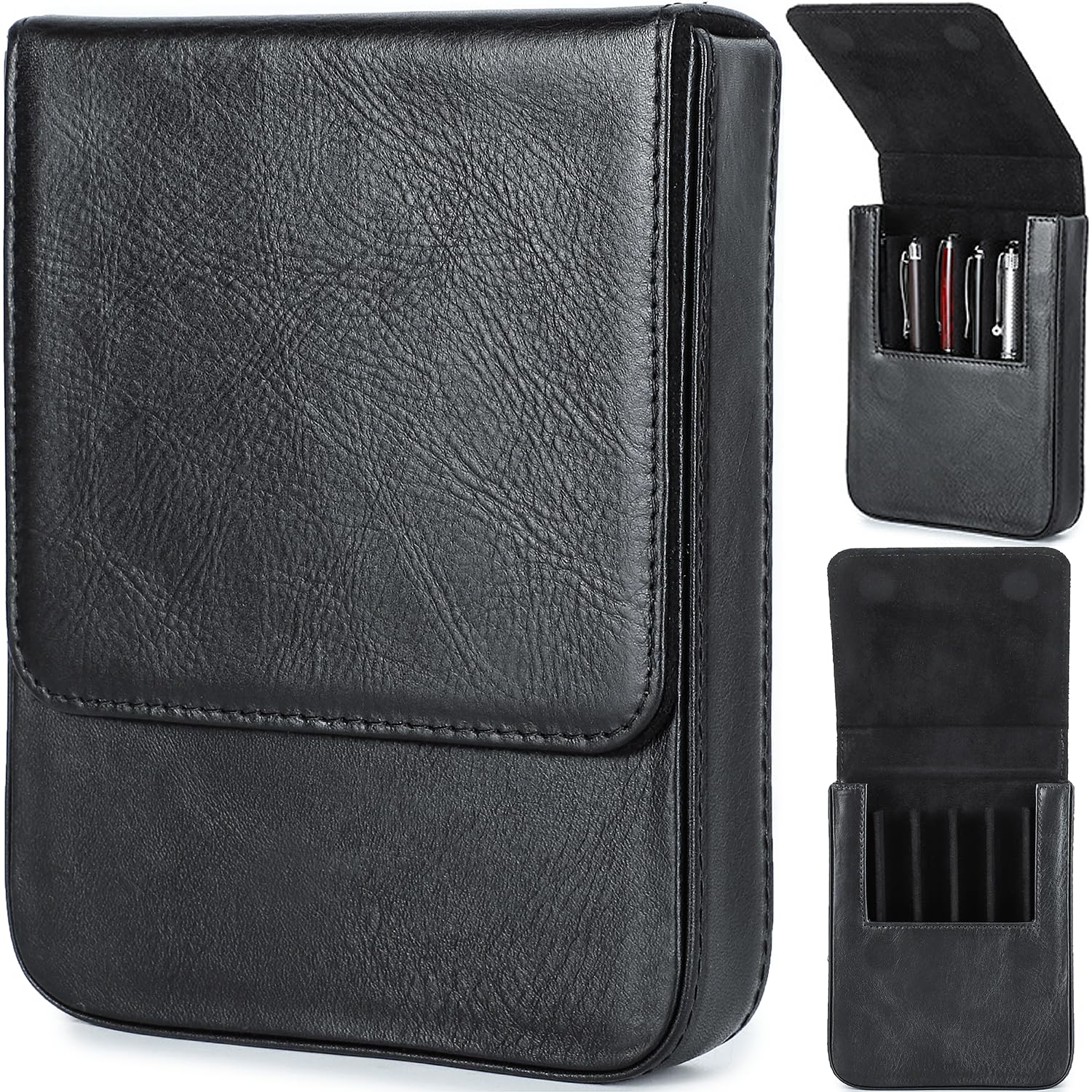 CataPurus Top Grain Genuine Leather 6 Fountain Pen/Pencil Tray Case, Minimalist Fashion Design, Handmade, Magnetic Closure with Drawer Design, Gift Choice for Man/Woman/Office, Glossy Black, 6 Slots — image 1
