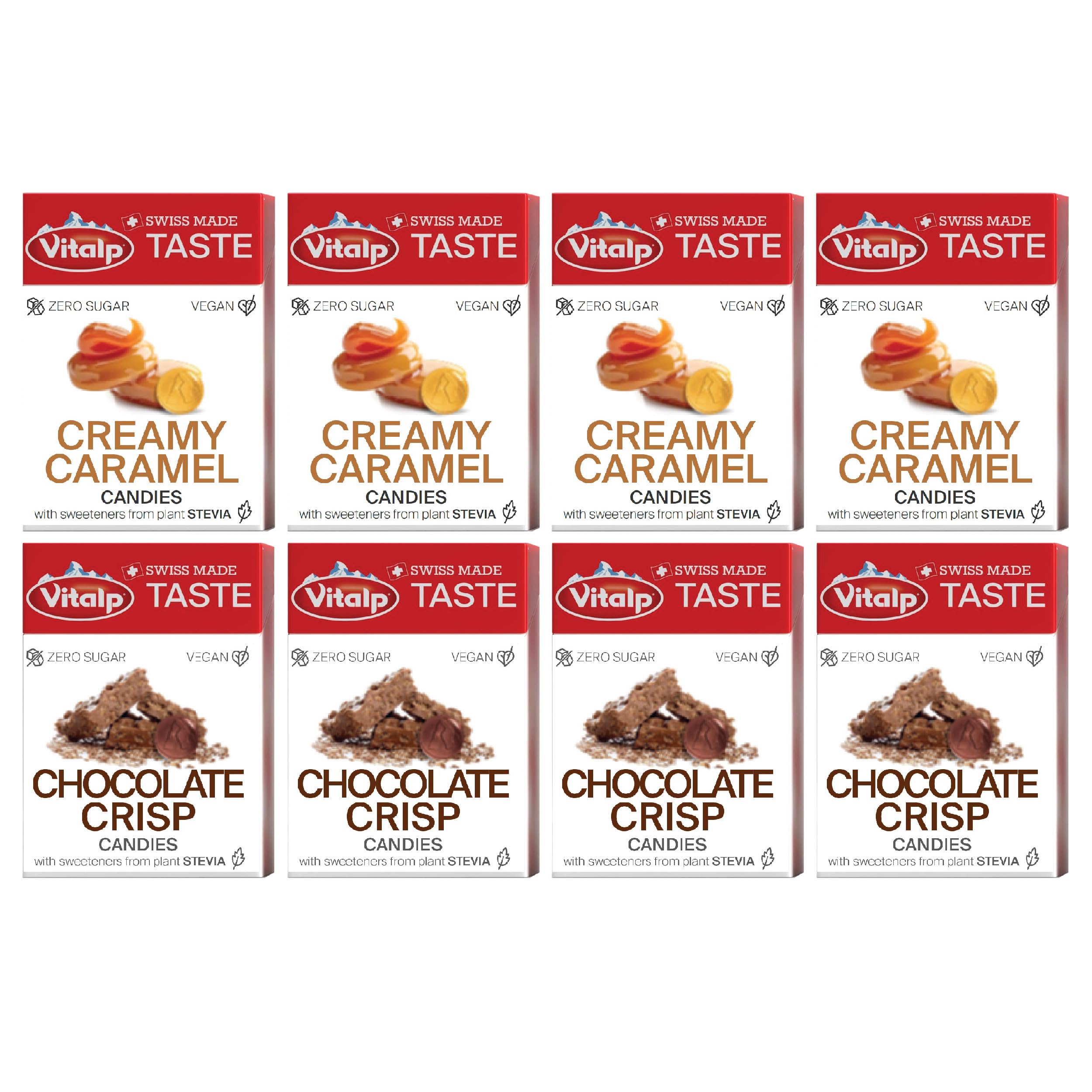 Vitalp Taste, Swiss Made, Sugar Free Hard Candy with Stevia, Vegan, Variety Pack, 4 Boxes Each of Creamy Caramel and Chocolate Crisp Flavors, 25g/0.88
