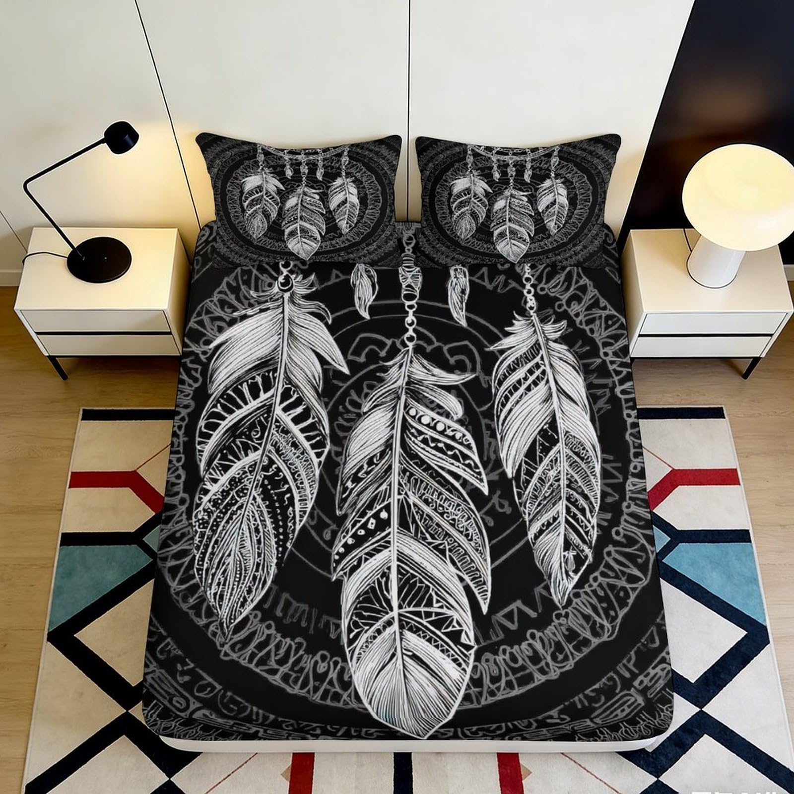 Pnayamiorkfel Style-4 3D Printed Dreamcatcher Feather Fitted Sheet Microfiber Black White Tribal Bed Cover For Bedroom Dorm Mattress Protection Decor 90X200x25cm