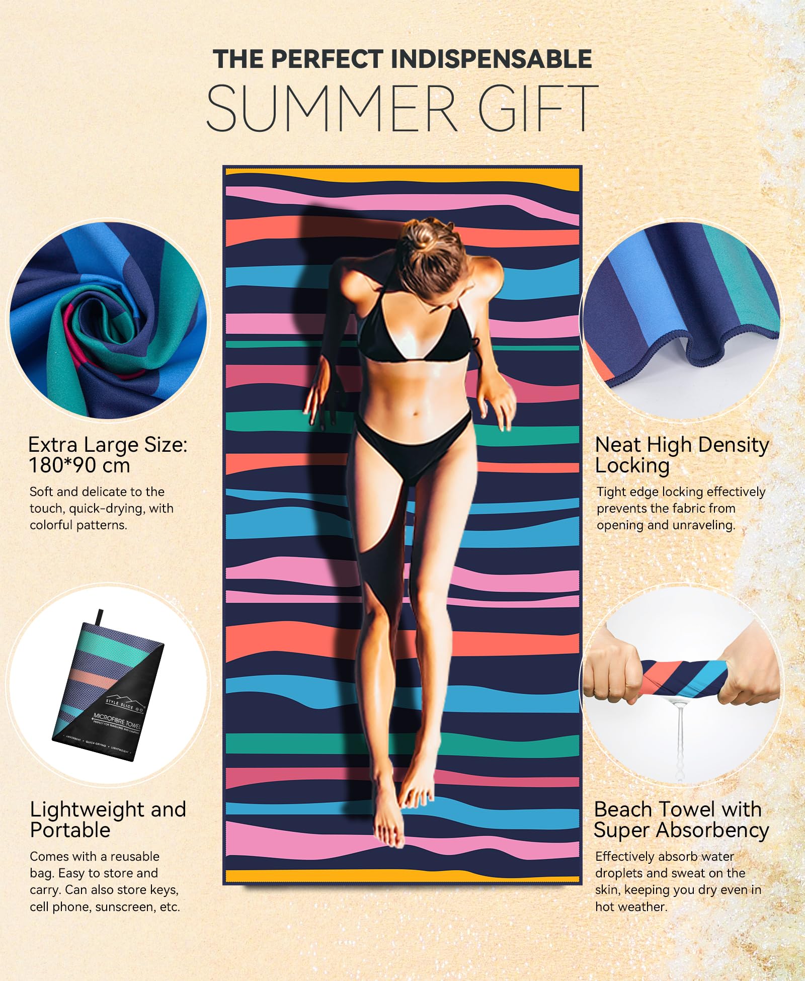 Style Slice Beach Towel Extra Large Microfibre Towel Beach Towels, Lightweight Microfibre Beach Towels for Adults, Travel Towels Quick Dry Large 180x90cm - Image 2