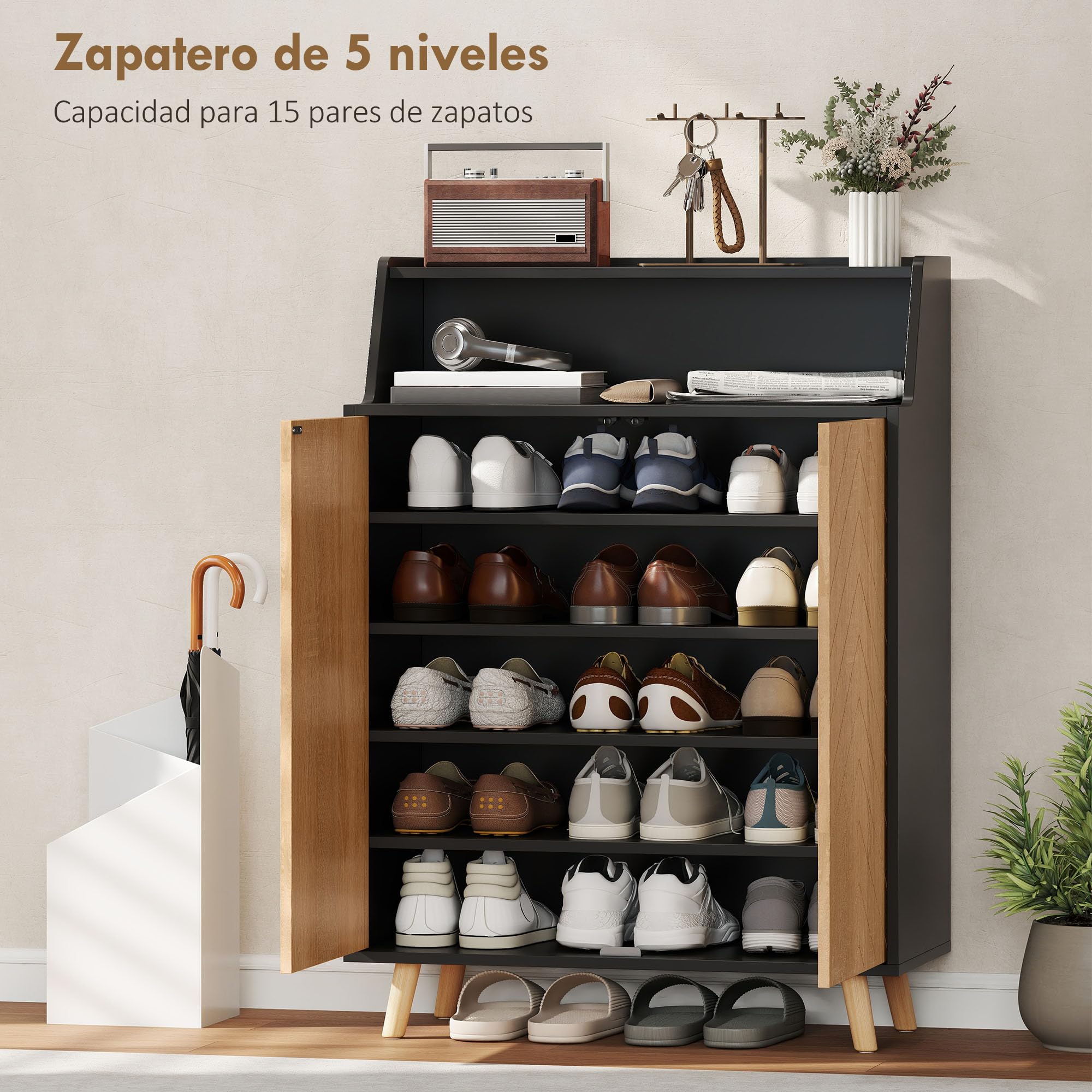 HOMCOM Zapatero de 2 Puertas en Espiga, Zapatero Entrada Recibidor con Estantes Ajustables, Compartimento Abierto y Patas de Madera, para 15 Pares de Zapatos, 75x35x104 cm, Negro y Natural