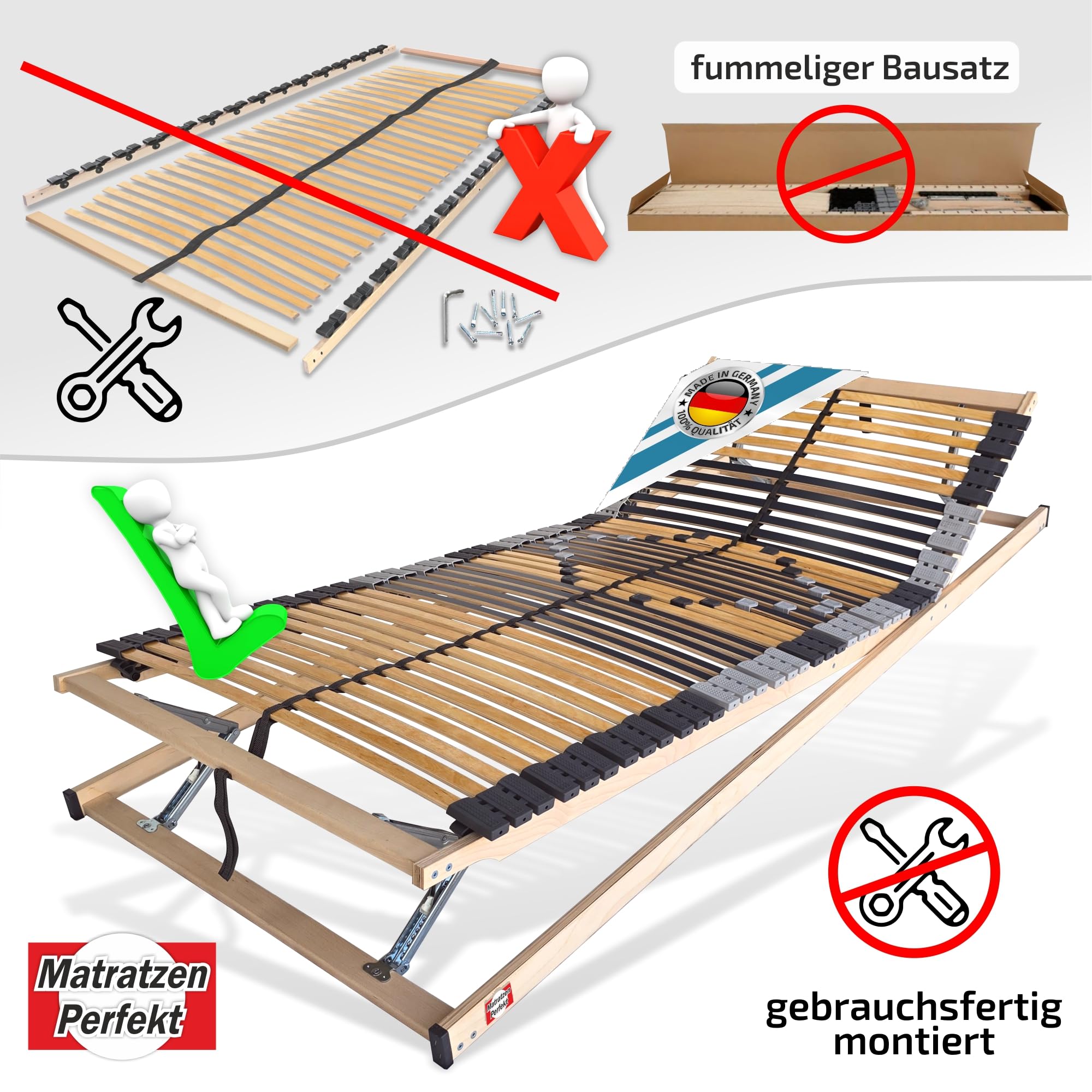 Matratzen Perfekt 7-Zonen Lattenrost 120x200cm Verstellbar 8,5 cm Hoch | Kopf- und Fußteil höhenverstellbar fertig montiert 42 Leisten Schichtholz Made in Germany belastbar 200 kg