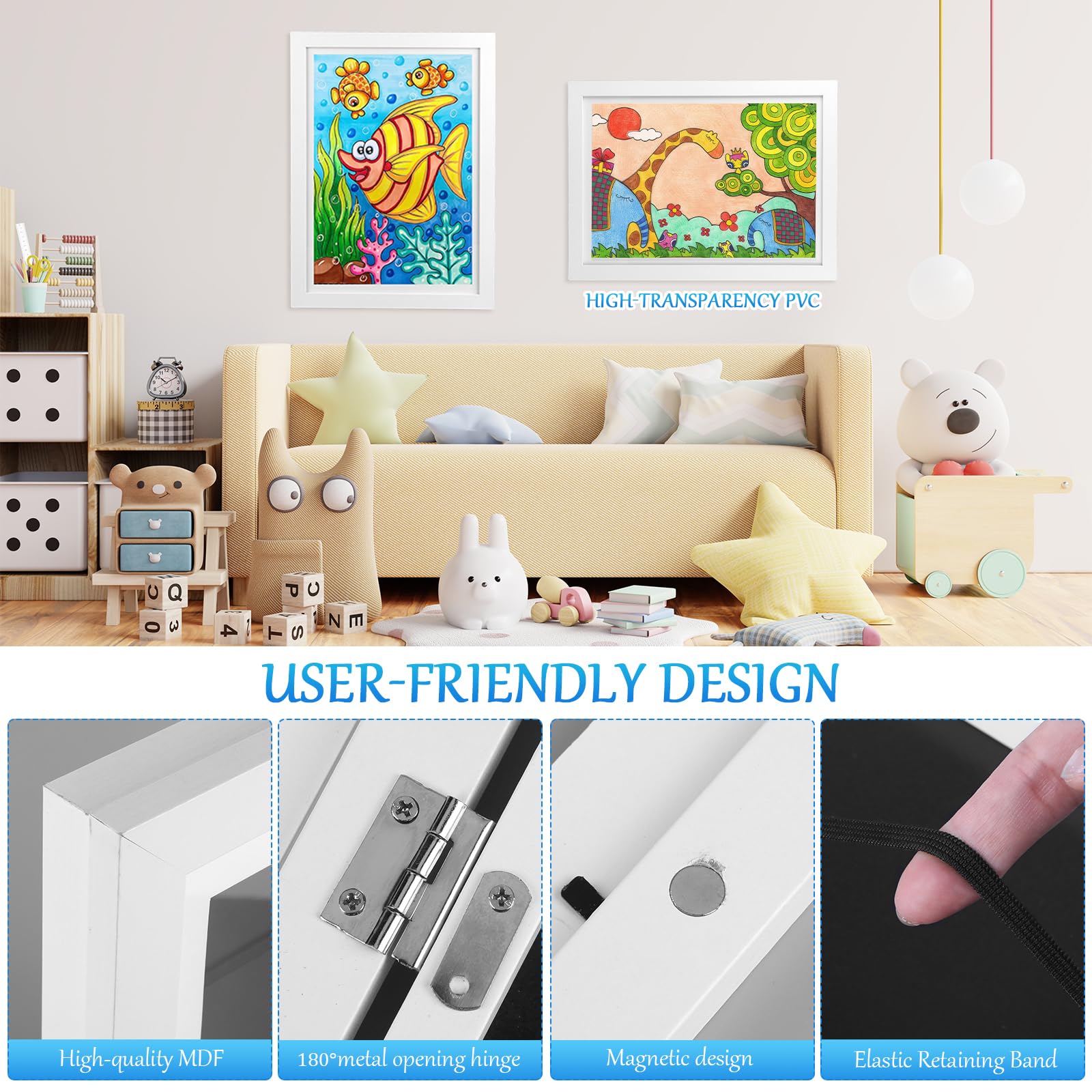 Cadres d'art pour enfants, ouverture sur le devant - Cadres photo interchangeables pour 150 photos, décoration de chambre d'enfant pour mur et chambre (A4, blanc, 24 x 33 cm)