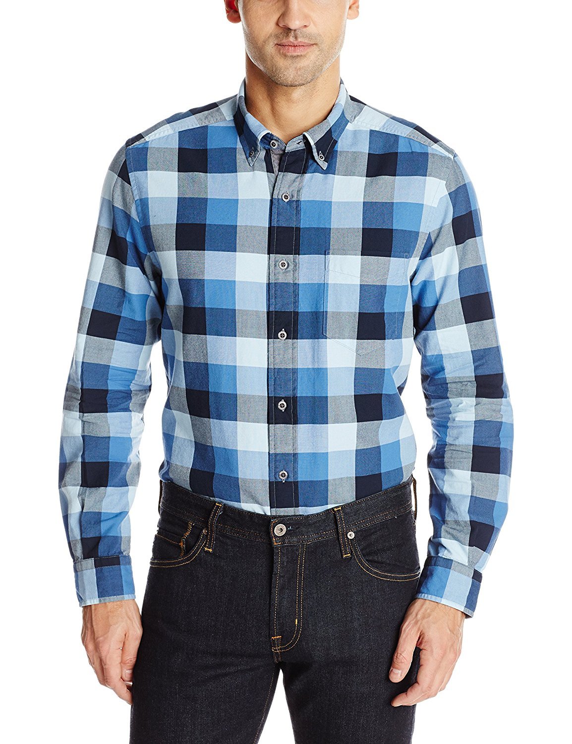 Nautica Men's Navy W61229buffalo Plaid Oxford Shirt Button-Down Shirt - Blue - Large