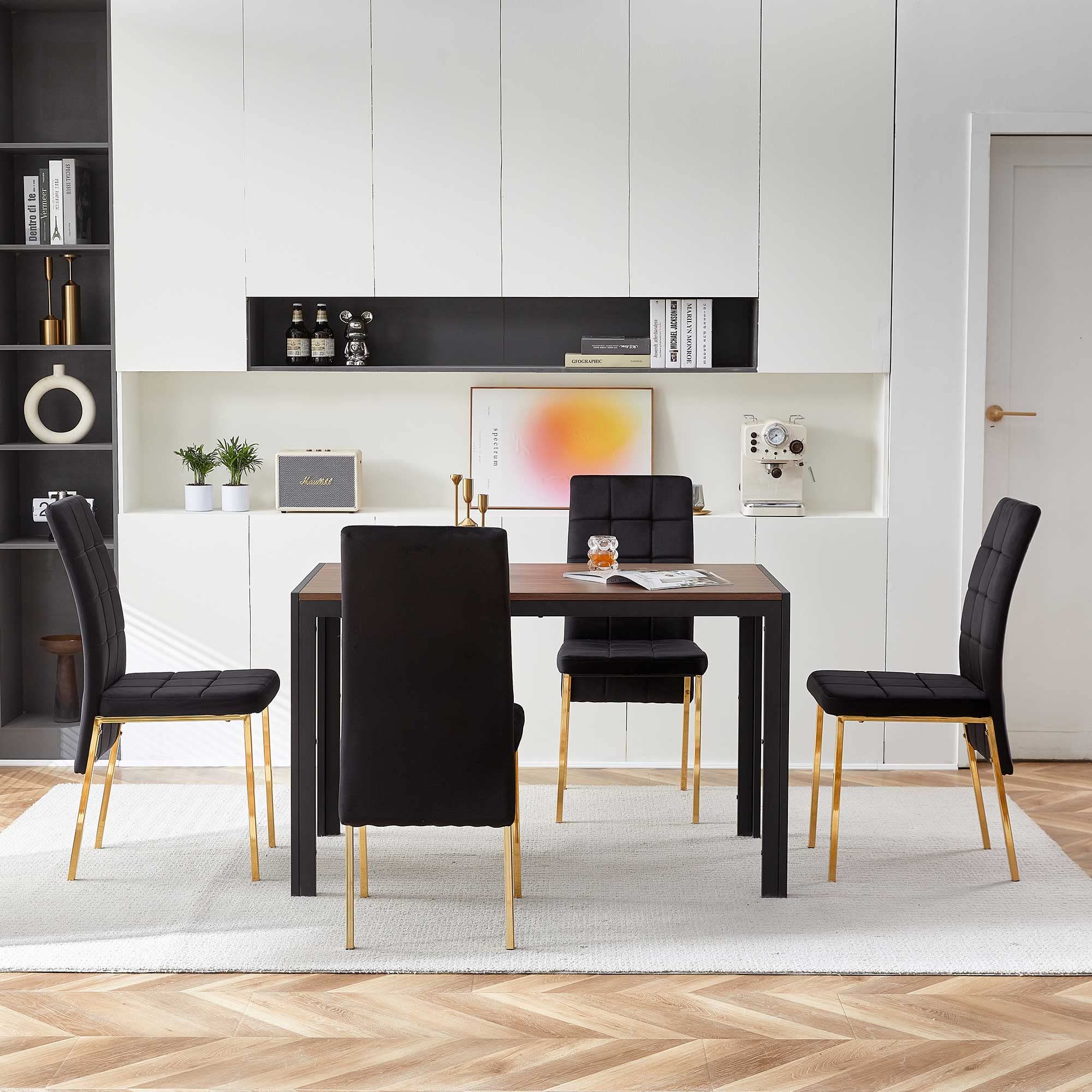 Dining Table Set for 4,Elegant Velvet Dining Chair Unique Design with Golden Metal Legs,Luxury Kitchen Dining Table Sets with 4 Upholstered Chair Space-Saving