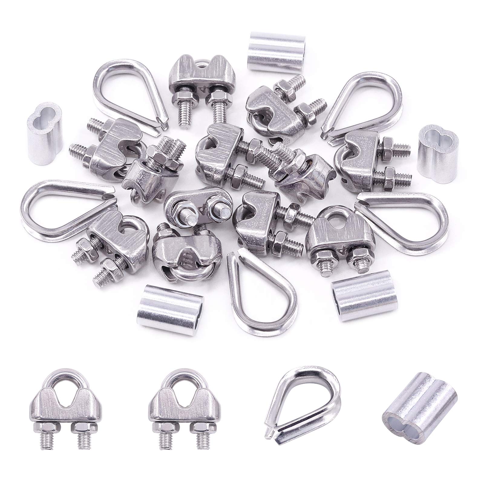 Swpeet 24Pcs M4 (3/16") Wire Rope Accessory Set, Included M4 Wire Rope Cable Clip Clamp, M4 Stainless Steel Thimble, 4mm Aluminum Crimping Loop Sleeve