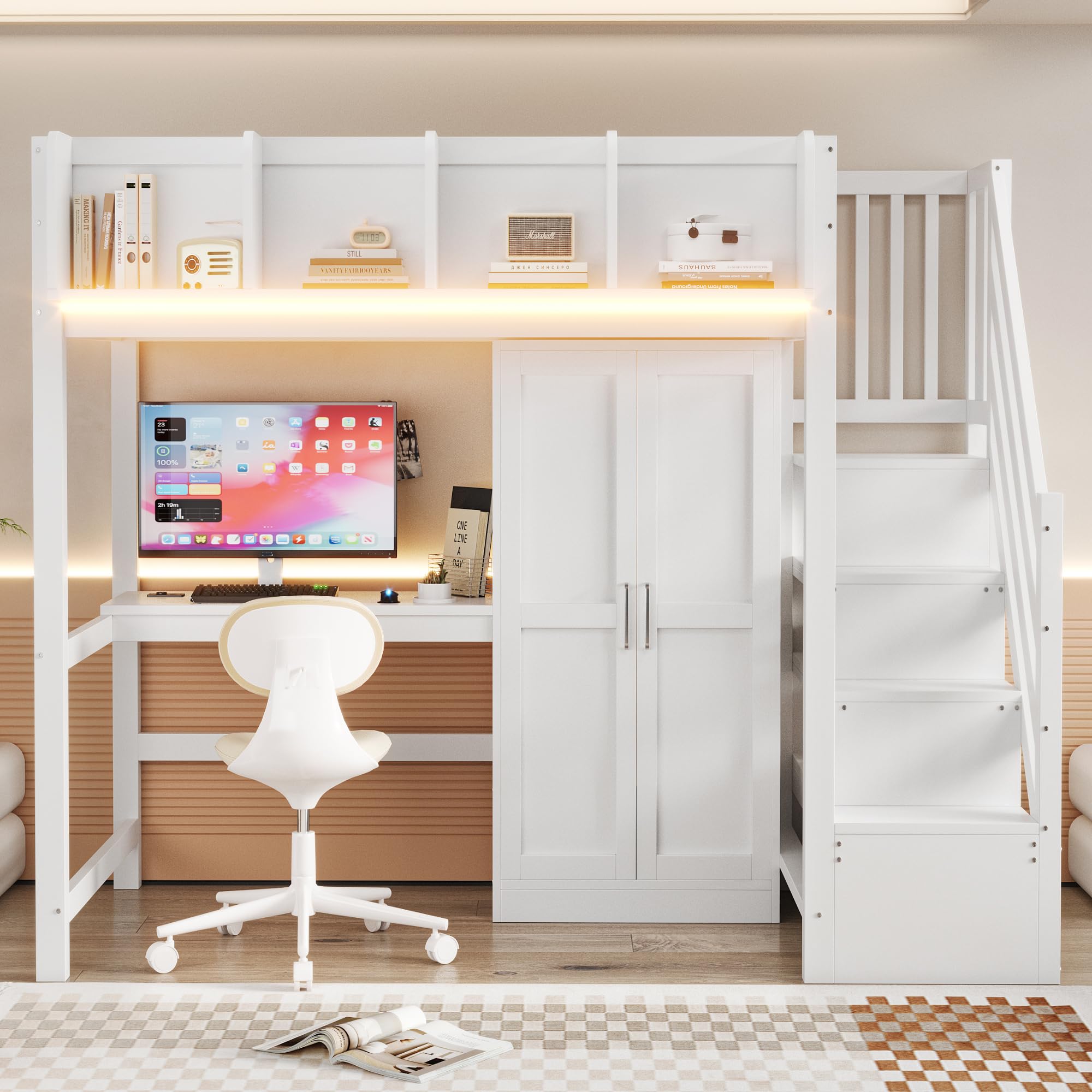 Multifunktionales Hochbett 90x200 cm mit LED-Beleuchtung und USB-Anschlüsse, Kinderbett mit Treppe Stauraum und Schreibtisch, Holzbett mit Kleiderschrank, Weiß-A(Ohne Matratze)