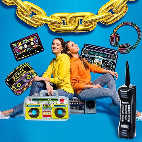 Miniatura 6 de Zhanmai 26 piezas de decoraciones de fiesta de los años 80 y 90 inflables, radio, teléfono móvil, cadena de globos de lámina dorada, accesorios de