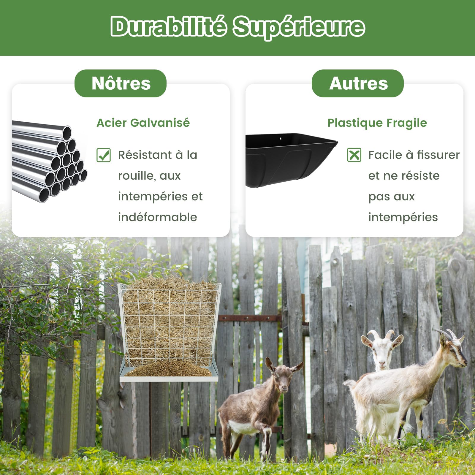 COSTWAY Mangeoire à Foin Murale 2 en 1, Râtelier à Foin et Céréales en Acier Galvanisé, 109 L pour 4-5 Moutons, Tiges Ajustables, Alimentateur de Foin Suspendu pour Chèvre, Cheval, Bœuf